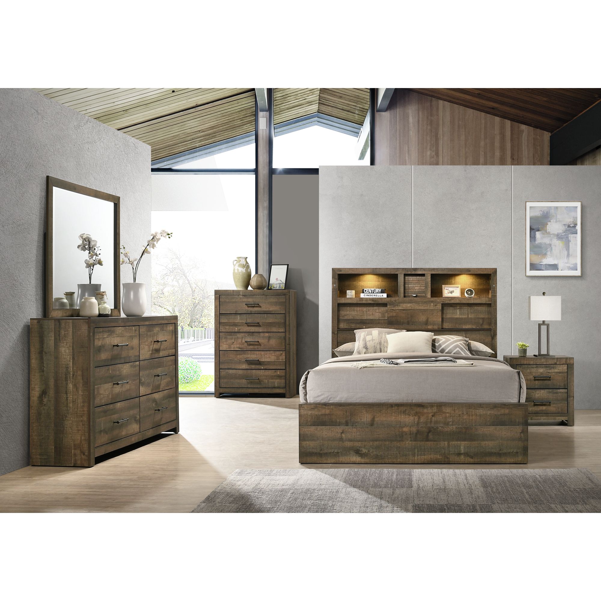 Model: BY520QB6PC | Elements Bailey Queen Bookcase Panel 6PC Bedroom Set with Bluetooth