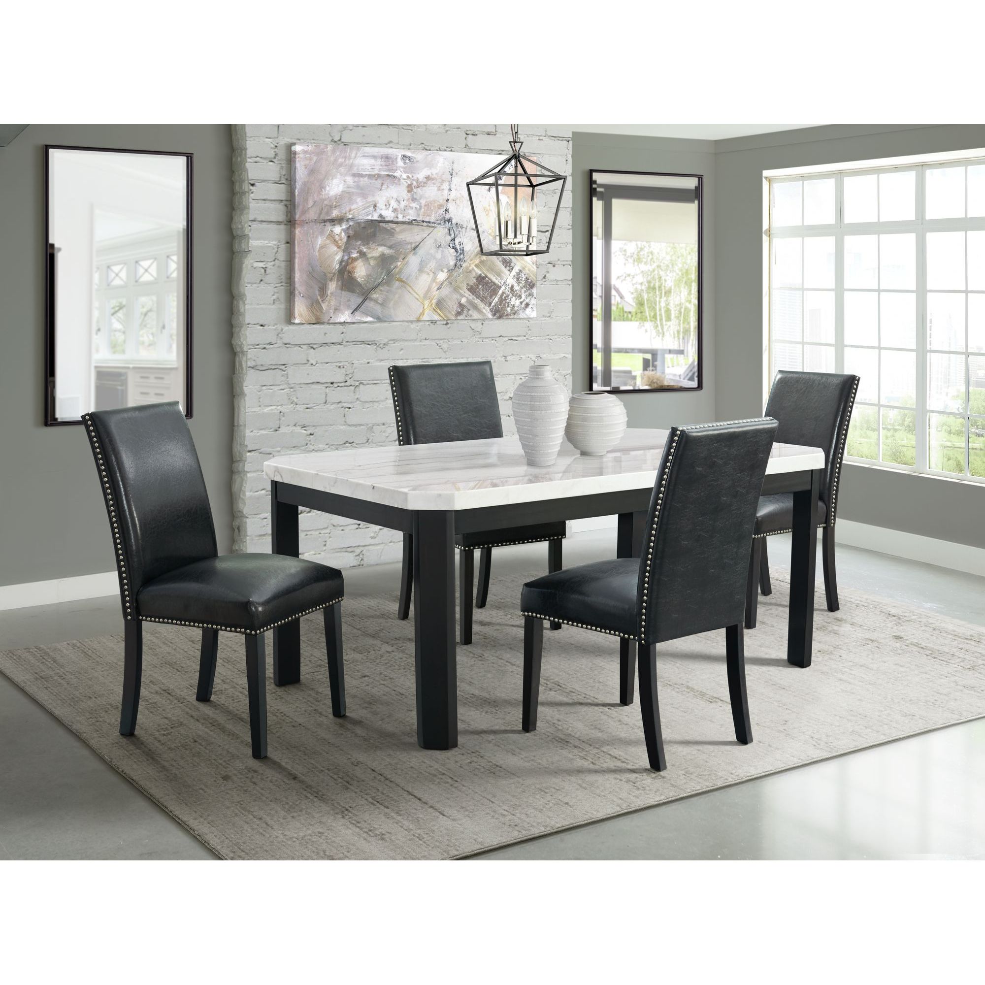Model: CFC700RBL5PC | Elements Francesca White Marble 5PC Dining Set-Table & Four Black Faux Leather Chairs