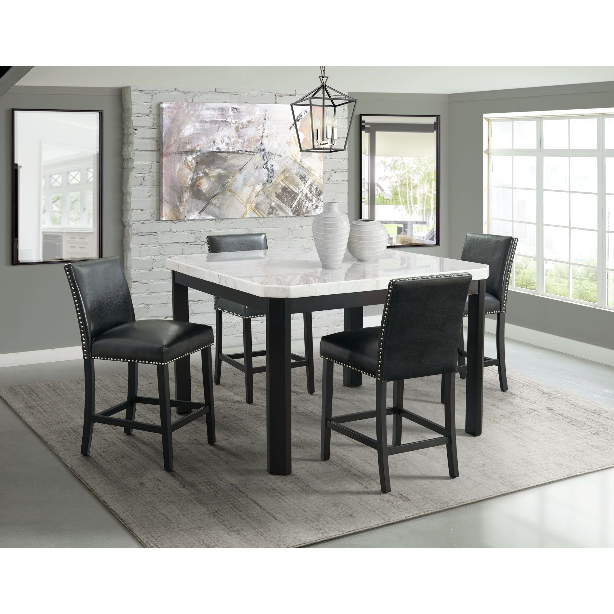 Model: CFC700SBL5PC | Elements Francesca White Marble 5PC Counter Height Dining Set-Table & Four Black Faux Leather Chairs