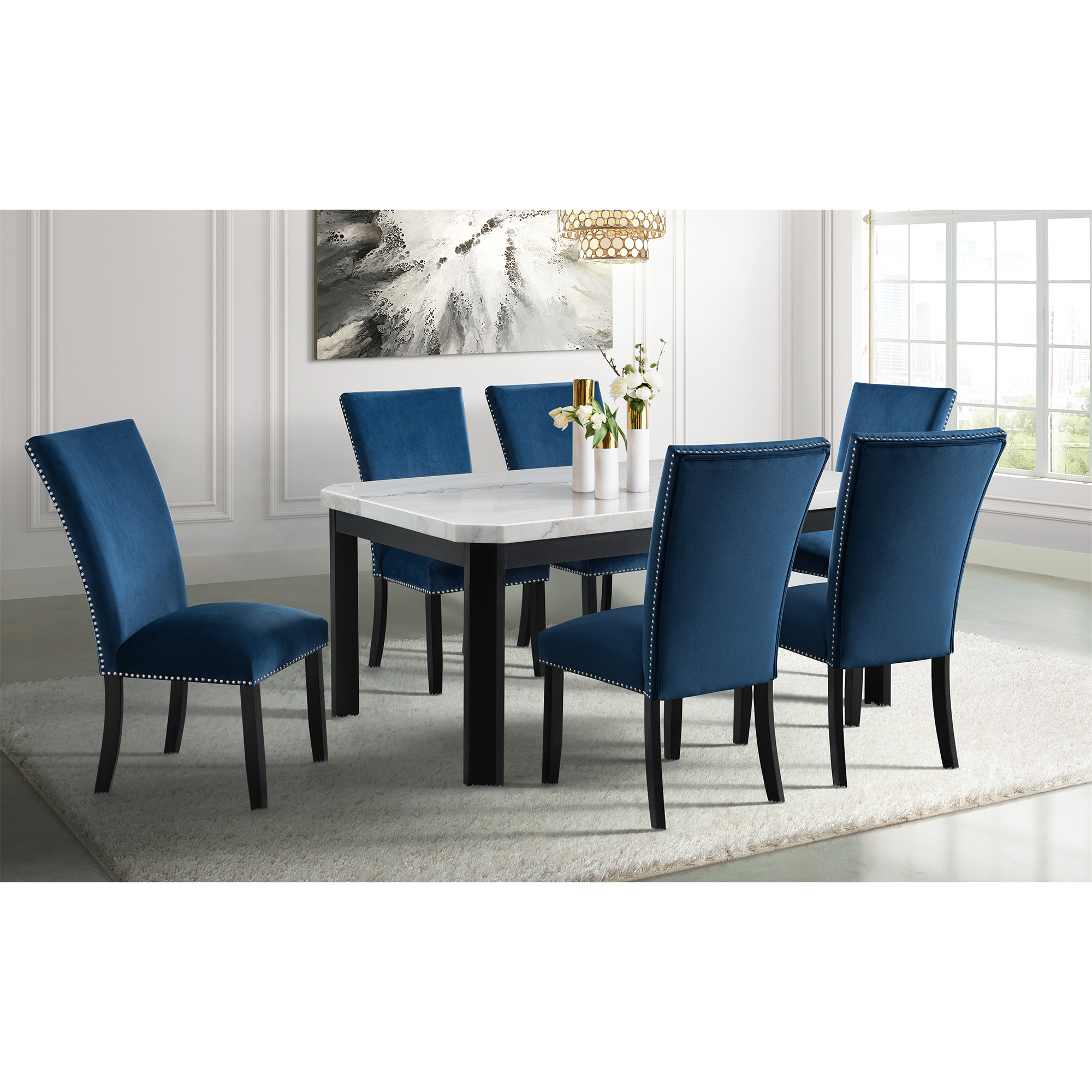 Model: CFC700VSC | Elements Francesca Rectangular Dining Blue Velvet Side Chair (2 Per Pack)