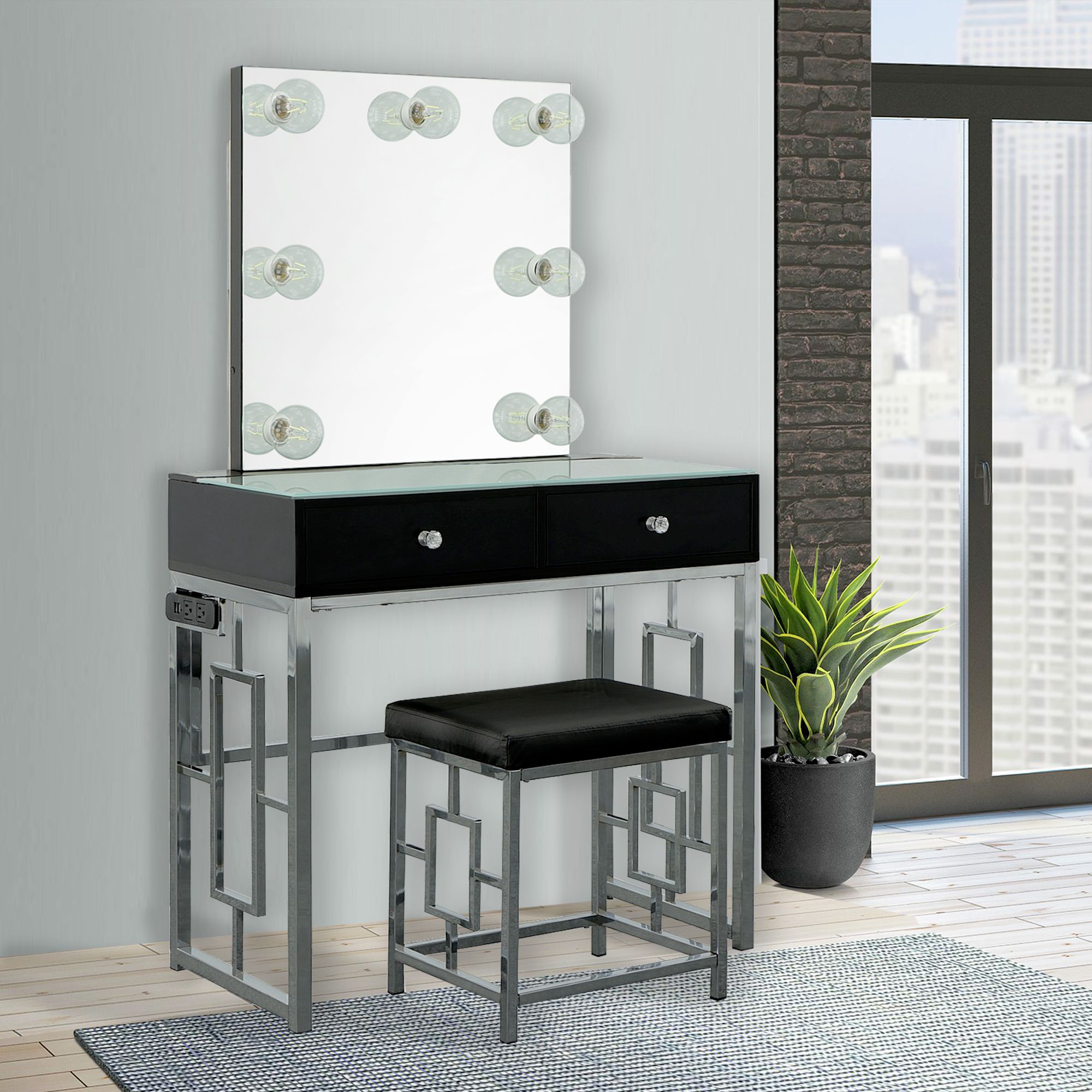 Model: CVMG800VTPL | Elements Margo Vanity Table W/ Power / Mirror / Stool & Light