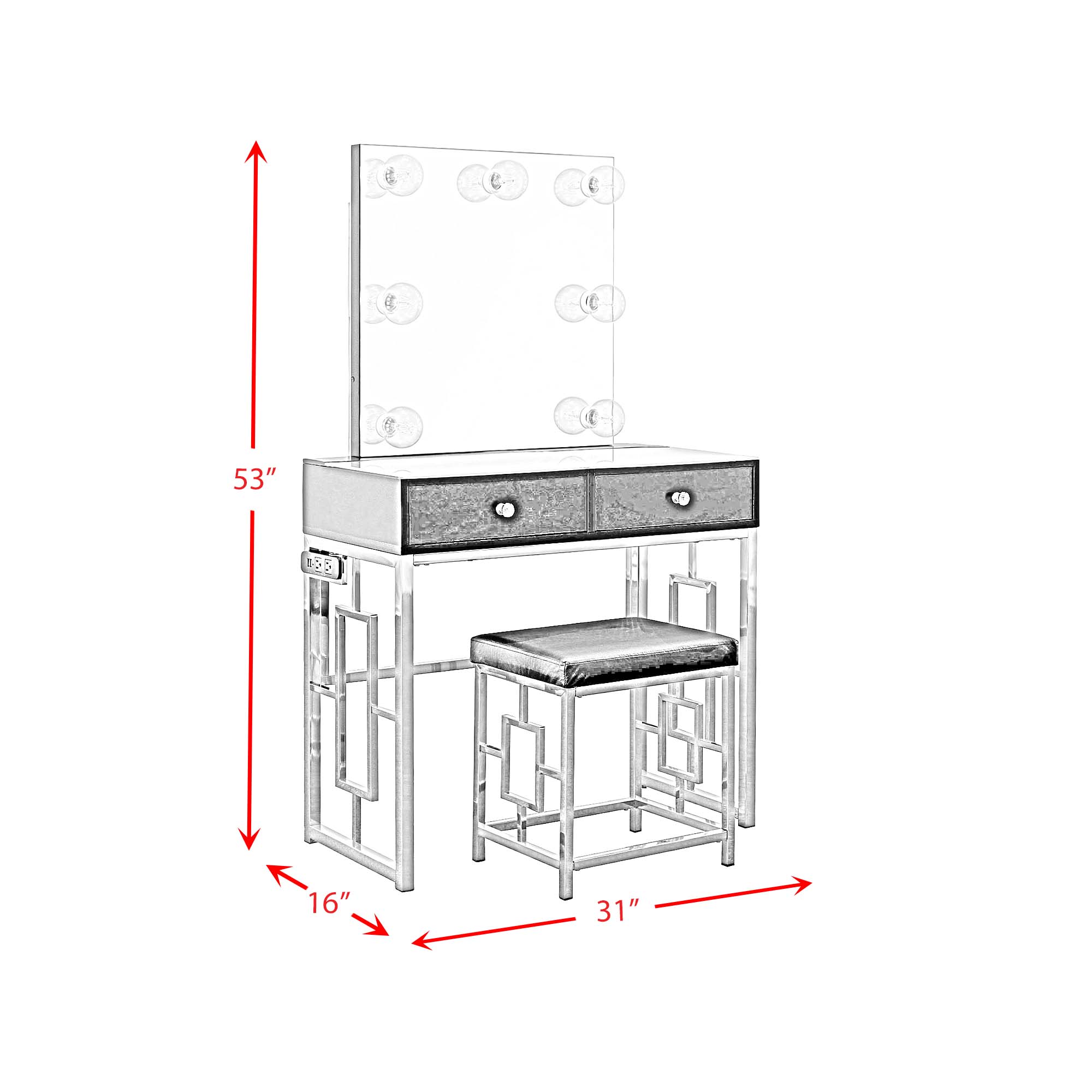 Model: CVMG800VTPL | Elements Margo Vanity Table W/ Power / Mirror / Stool & Light