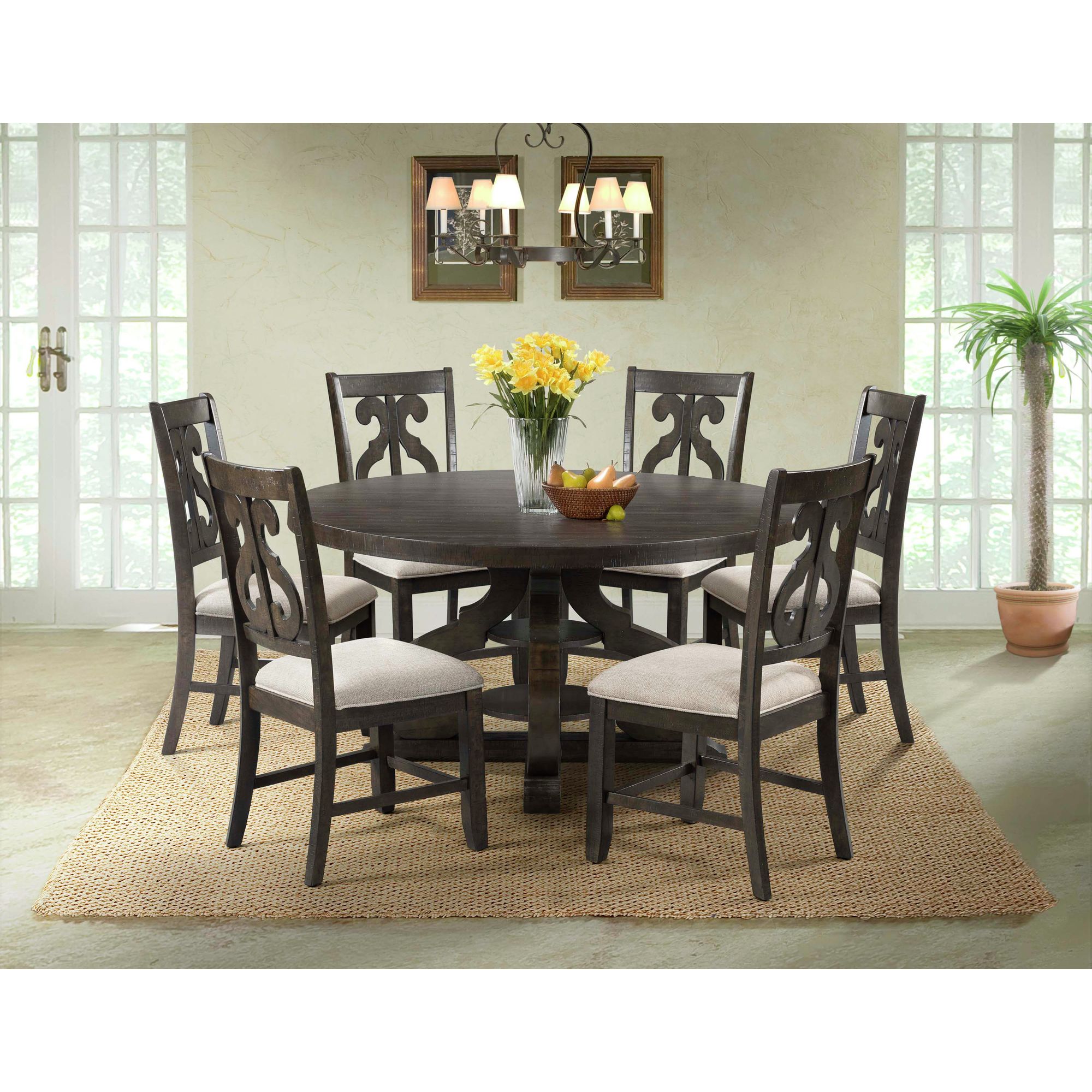 Model: DST1807PC | Elements Stone Round 7PC Dining Set-Round Table & 6 Chairs