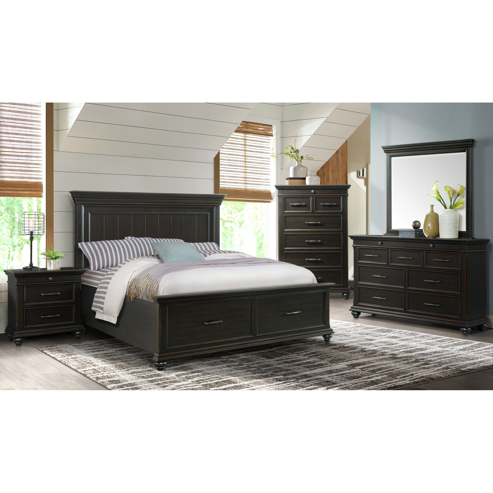 Model: SR850KB4PC | Elements Slater King Platform Storage 4PC Bedroom Set Black