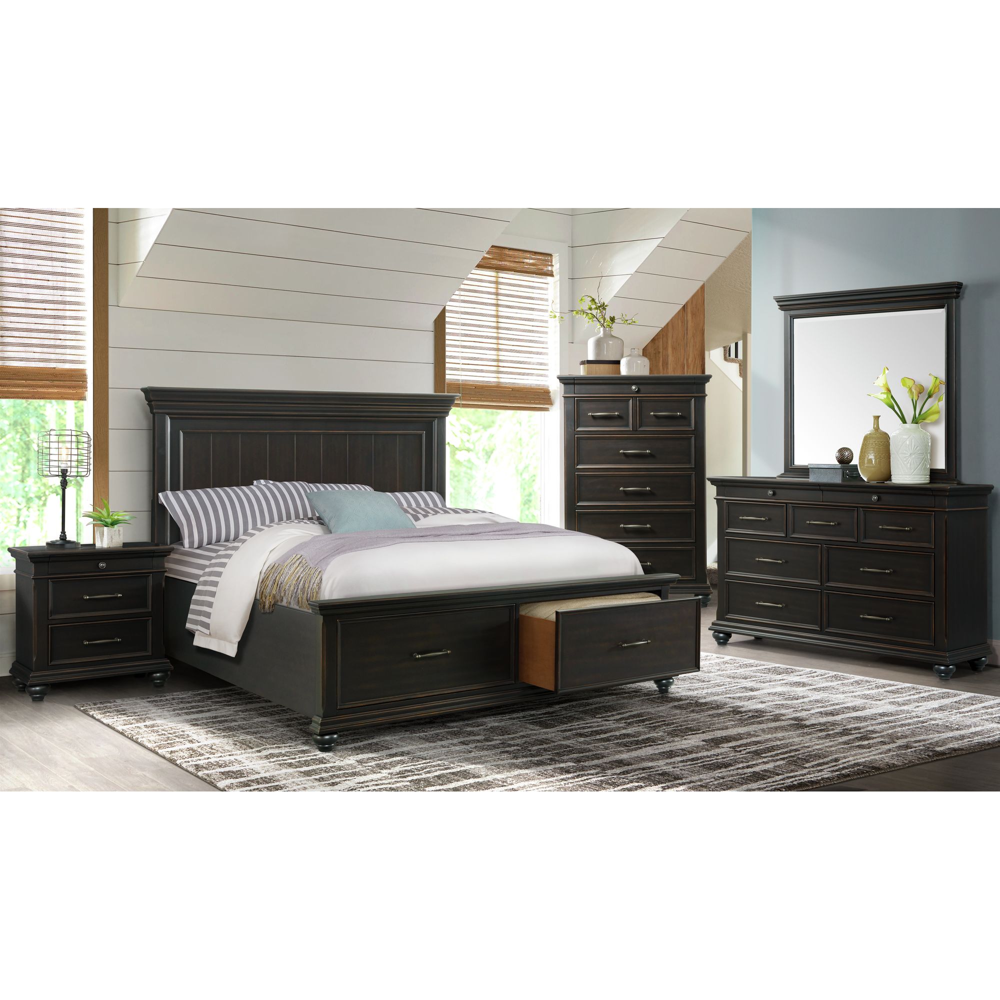 Model: SR850KB5PC | Elements Slater King Platform Storage 5PC Bedroom Set Black