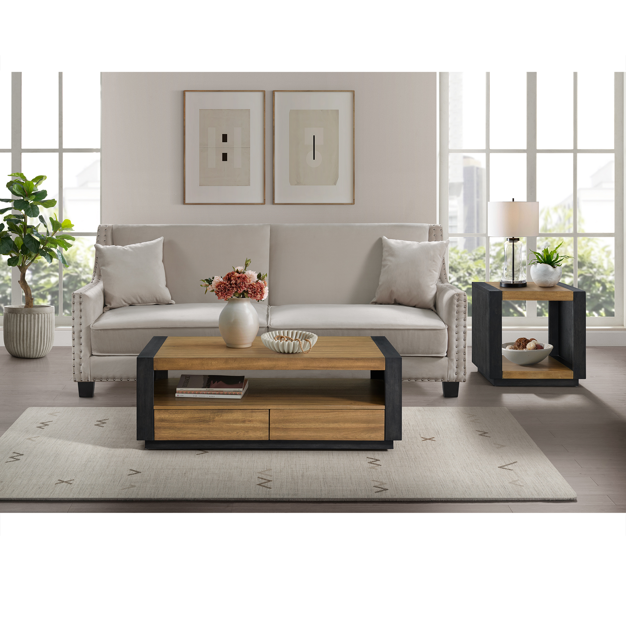 Model: T-3720-8-CT2 | Elements Breckenridge Coffee Table with 4 Drawers in Light Oak & Black