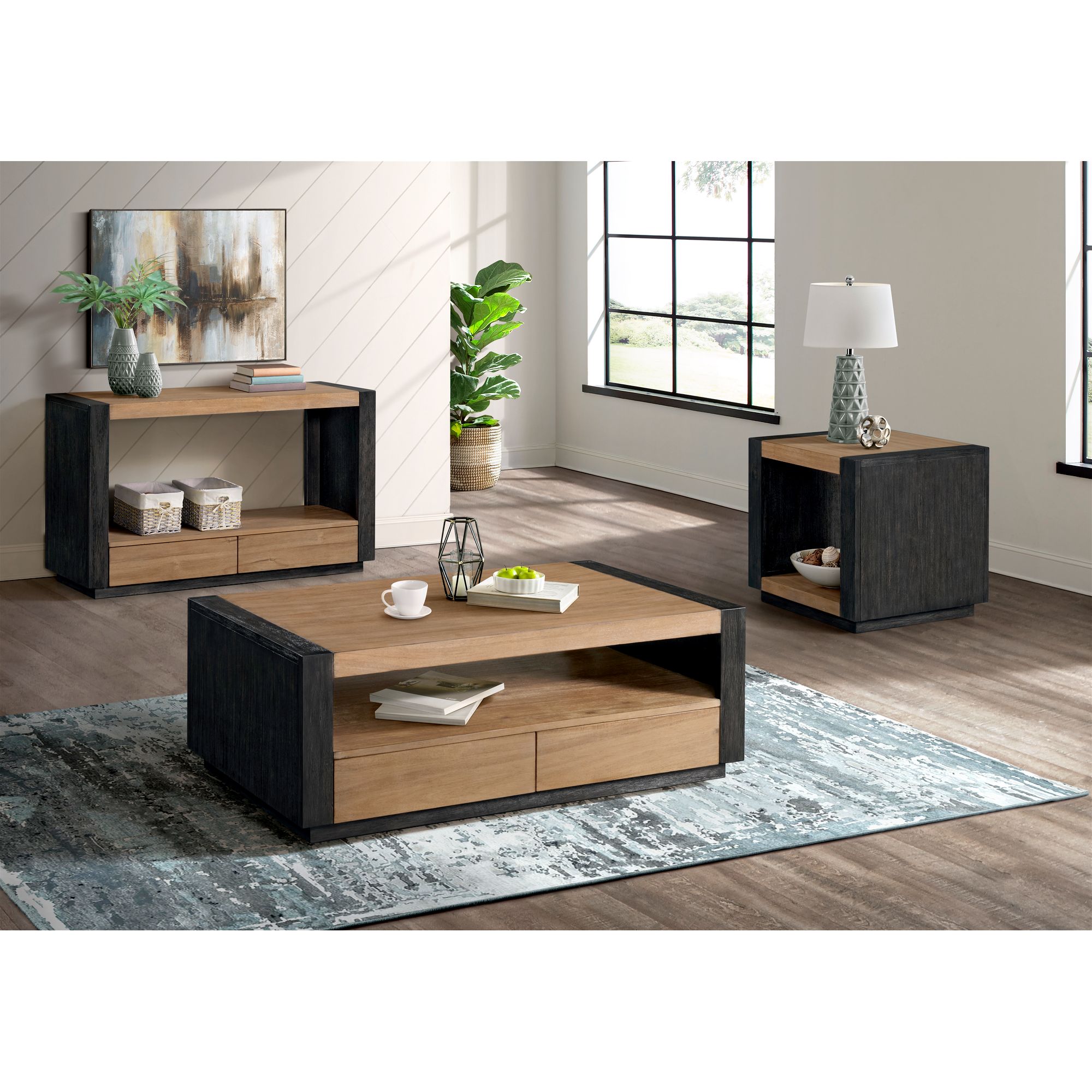 Model: T-3720-8-ST | Elements Breckenridge Sofa Table in Light Oak & Black