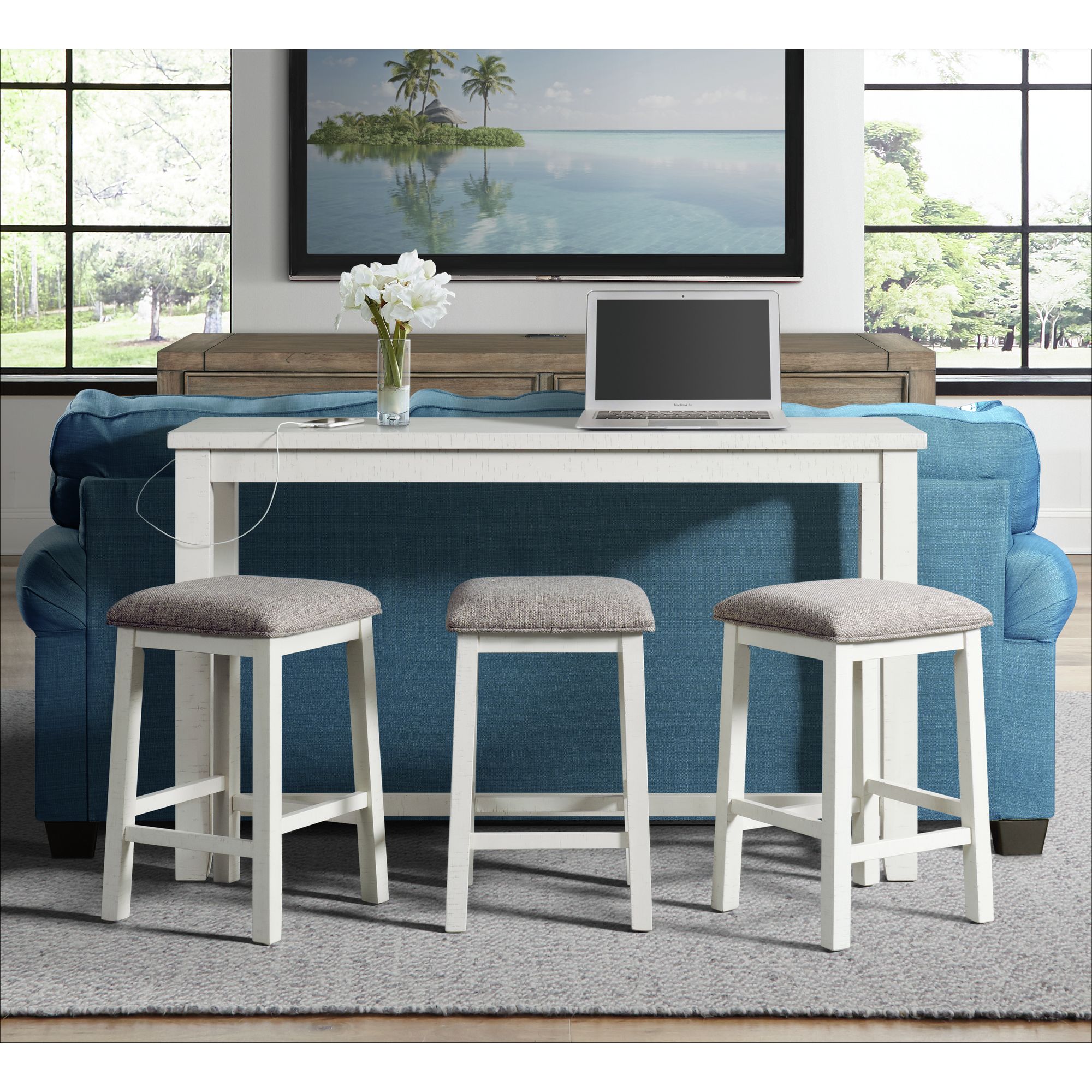 Model: TST700BTSP | Elements Stone Occasional Bar Table Single Pack in White (Table + Three Stools)