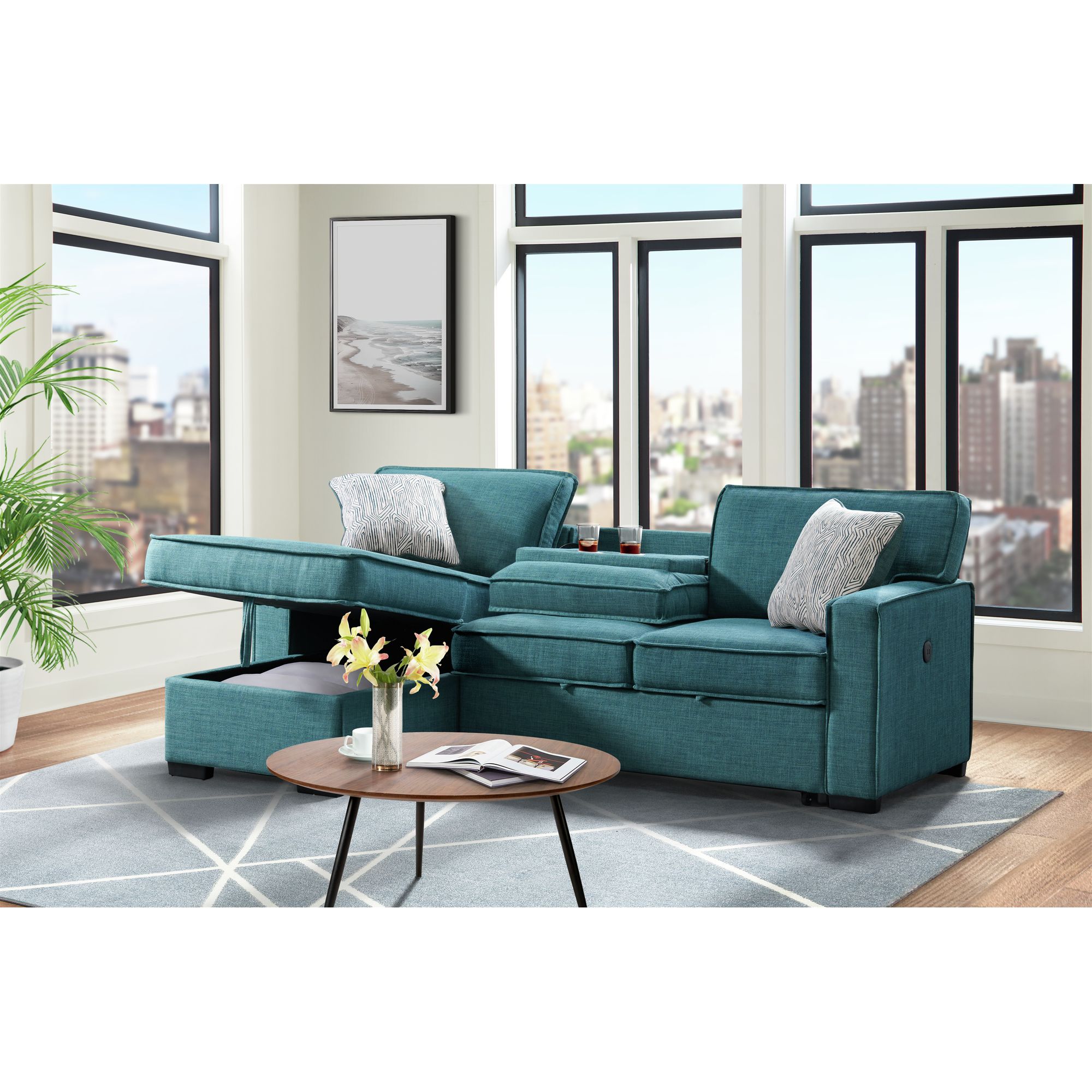 Model: U-5140-4550-244 | Elements Caracas Sectional RHF Loveseat with Pull Bed, Dropdown Table, 1 USB & 1 pillow in Palmer Teal