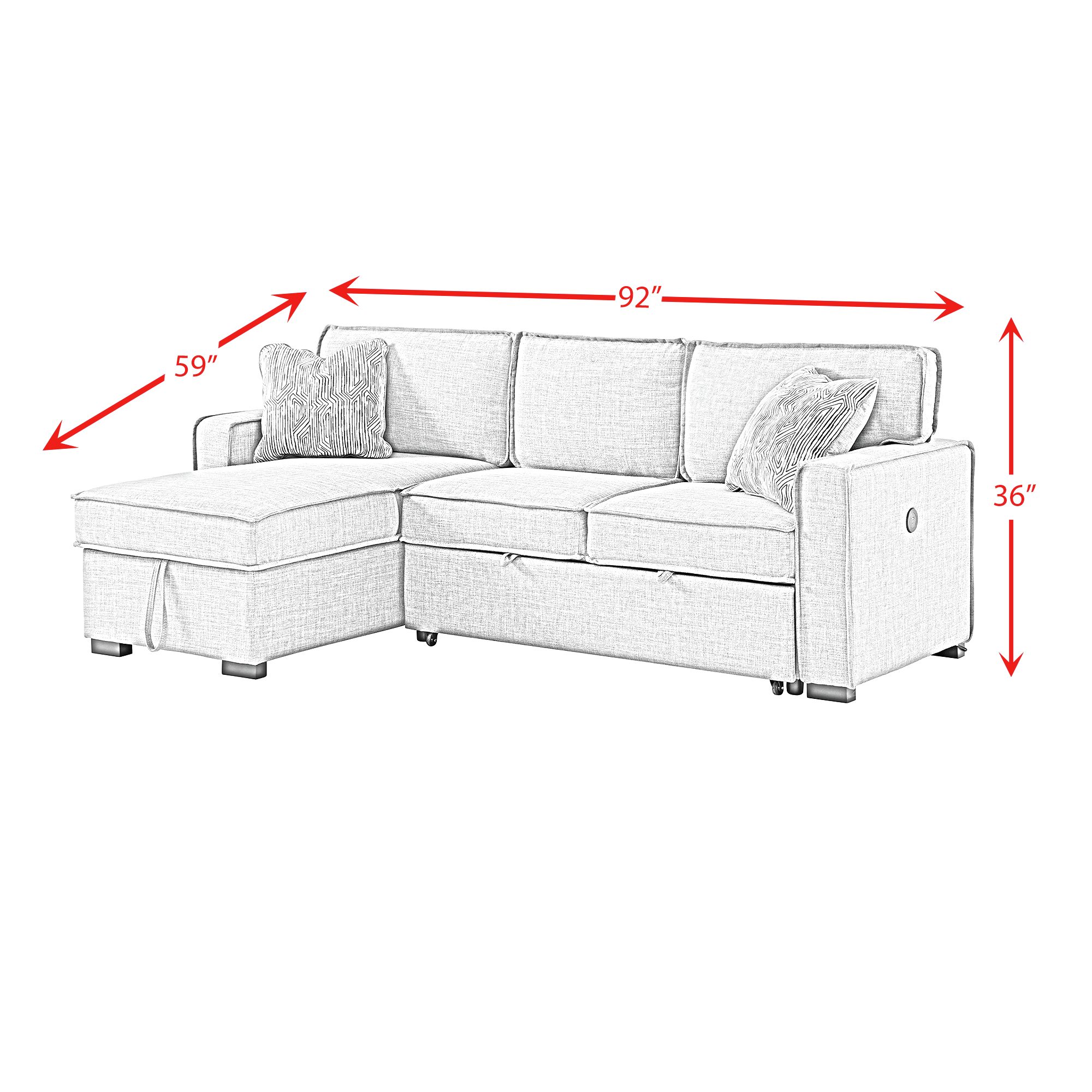 Model: U-5140-4550-244 | Elements Caracas Sectional RHF Loveseat with Pull Bed, Dropdown Table, 1 USB & 1 pillow in Palmer Teal