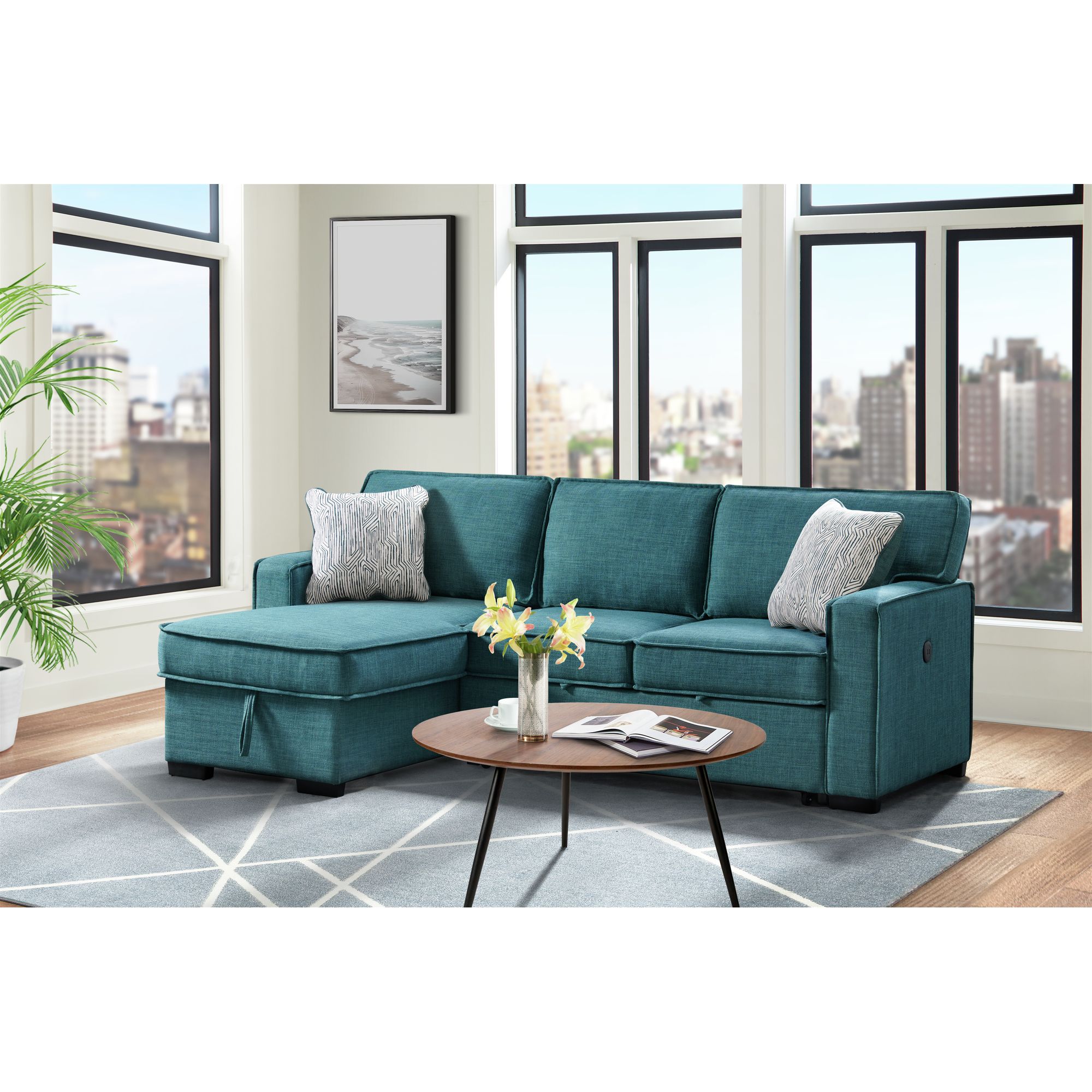 Elements Caracas Sectional Sleeper Chofa with Pull Bed, Drop Table & USB in Palmer Teal