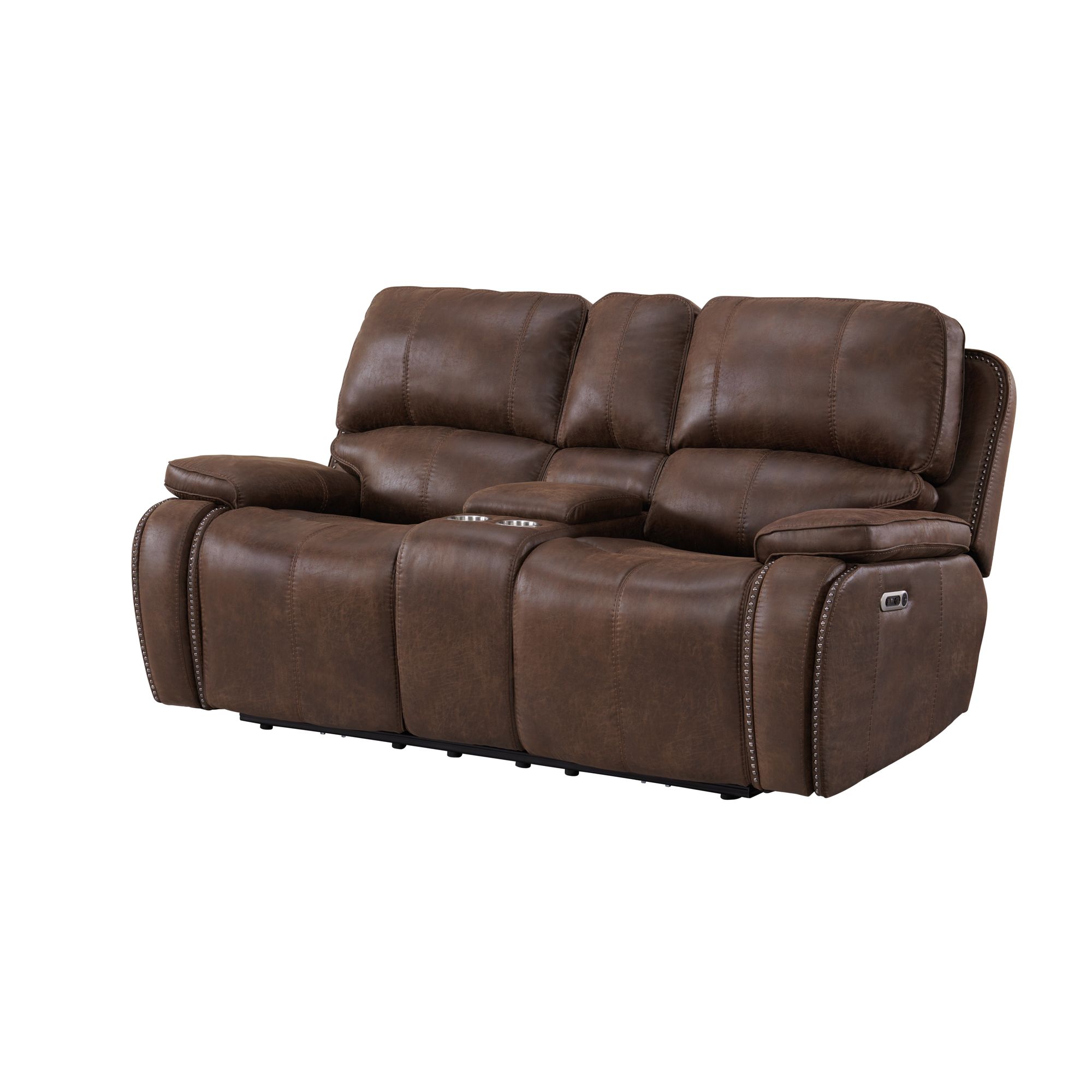 Elements Atlantis Power Motion Loveseat with Power Motion Head Recliner & Console in Heritage Brown