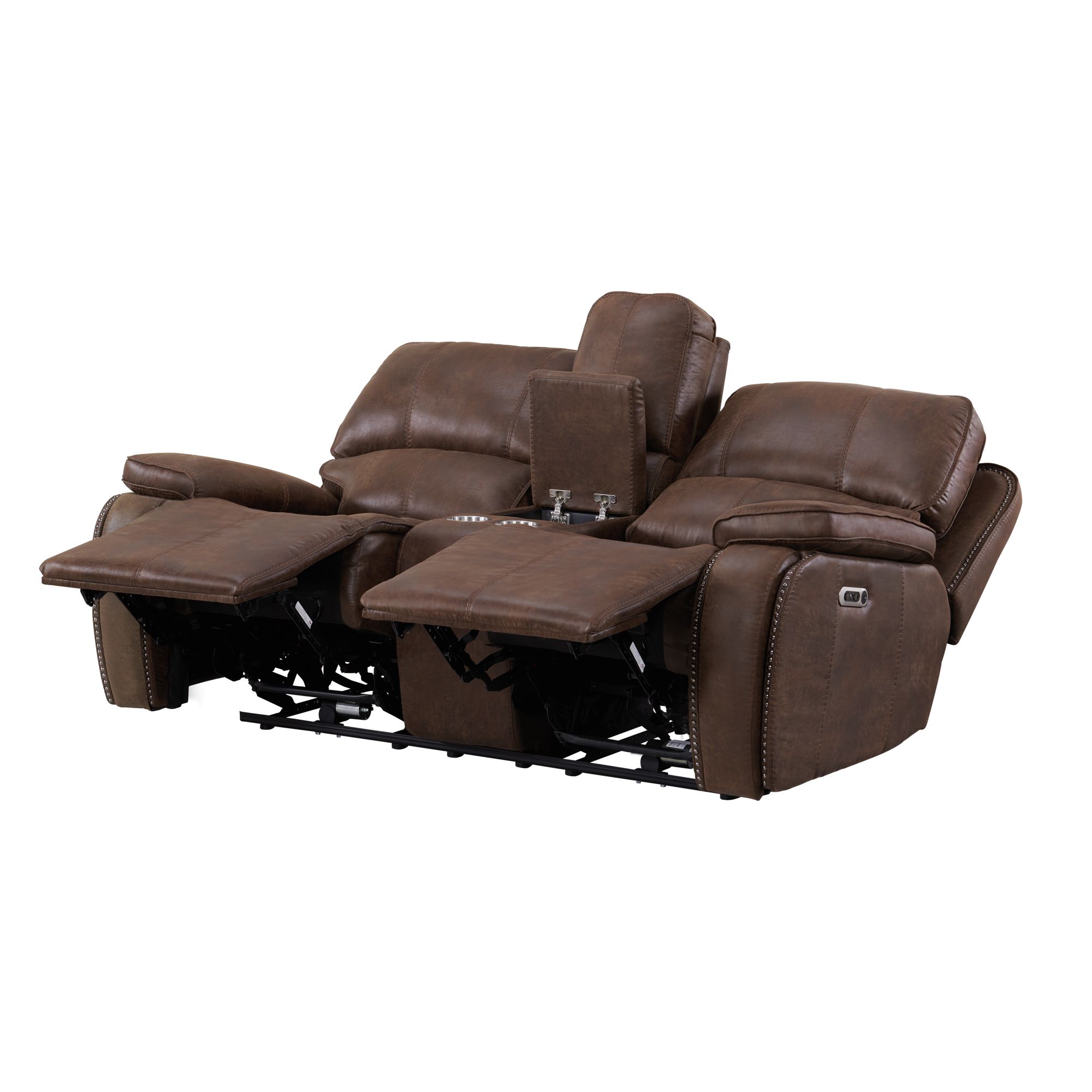 Model: U-5230-8640-285PP | Elements Atlantis Power Motion Loveseat with Power Motion Head Recliner & Console in Heritage Brown