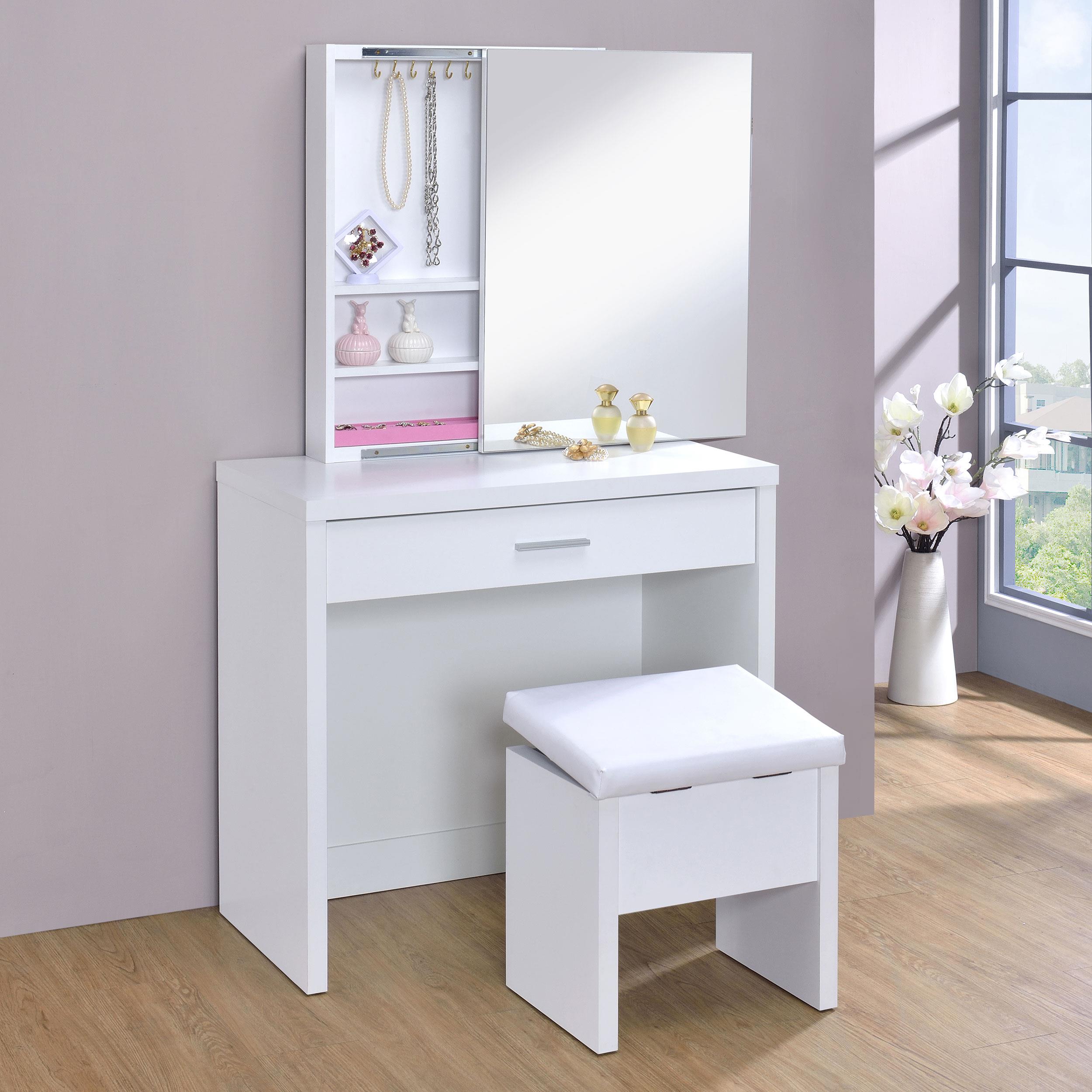 Model: 300290 | Coaster Harvey Vanity Set with Lift-Top Stool White