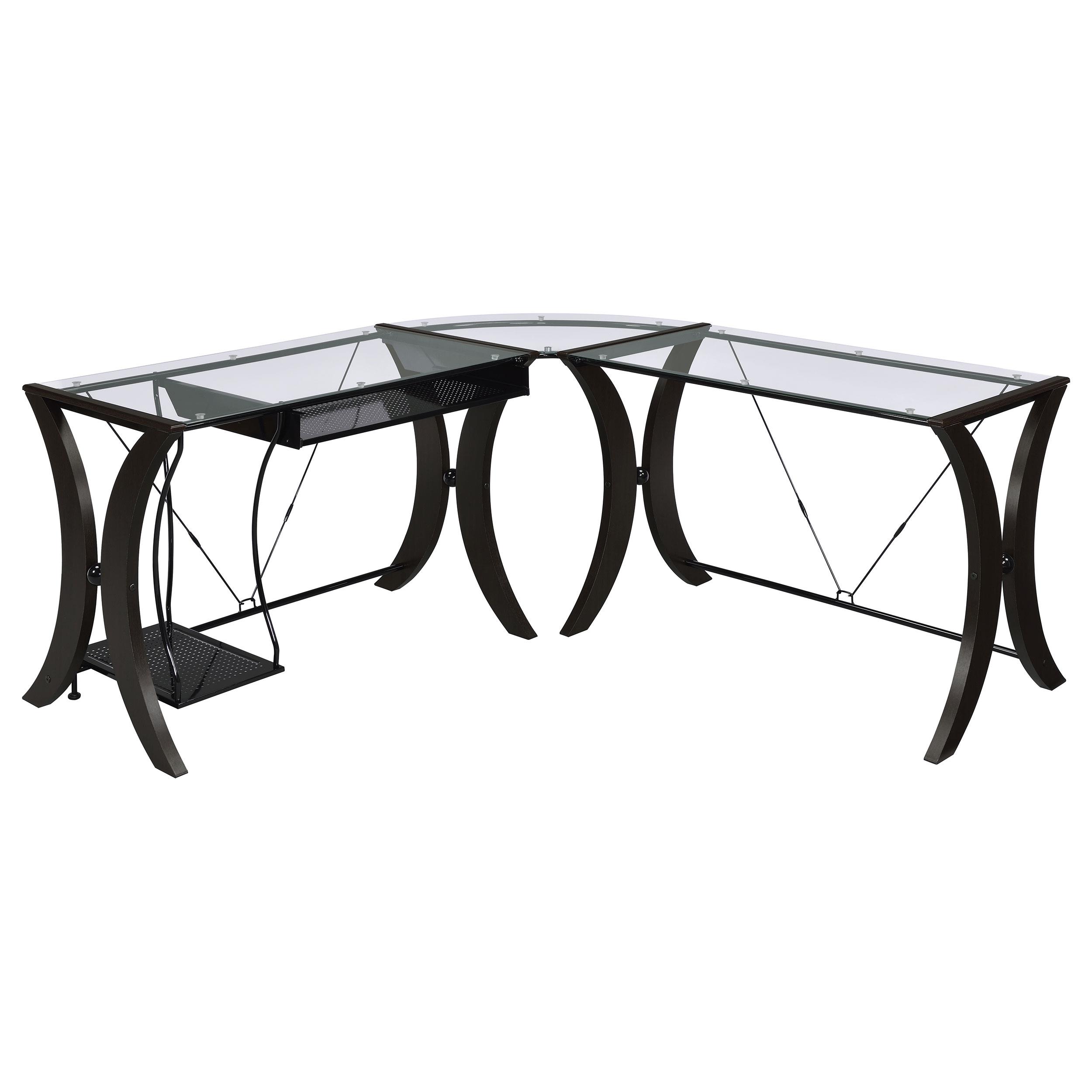 Model: 800446 | Coaster Monterey 67-inch Glass Top L-Shape Computer Desk Cappuccino