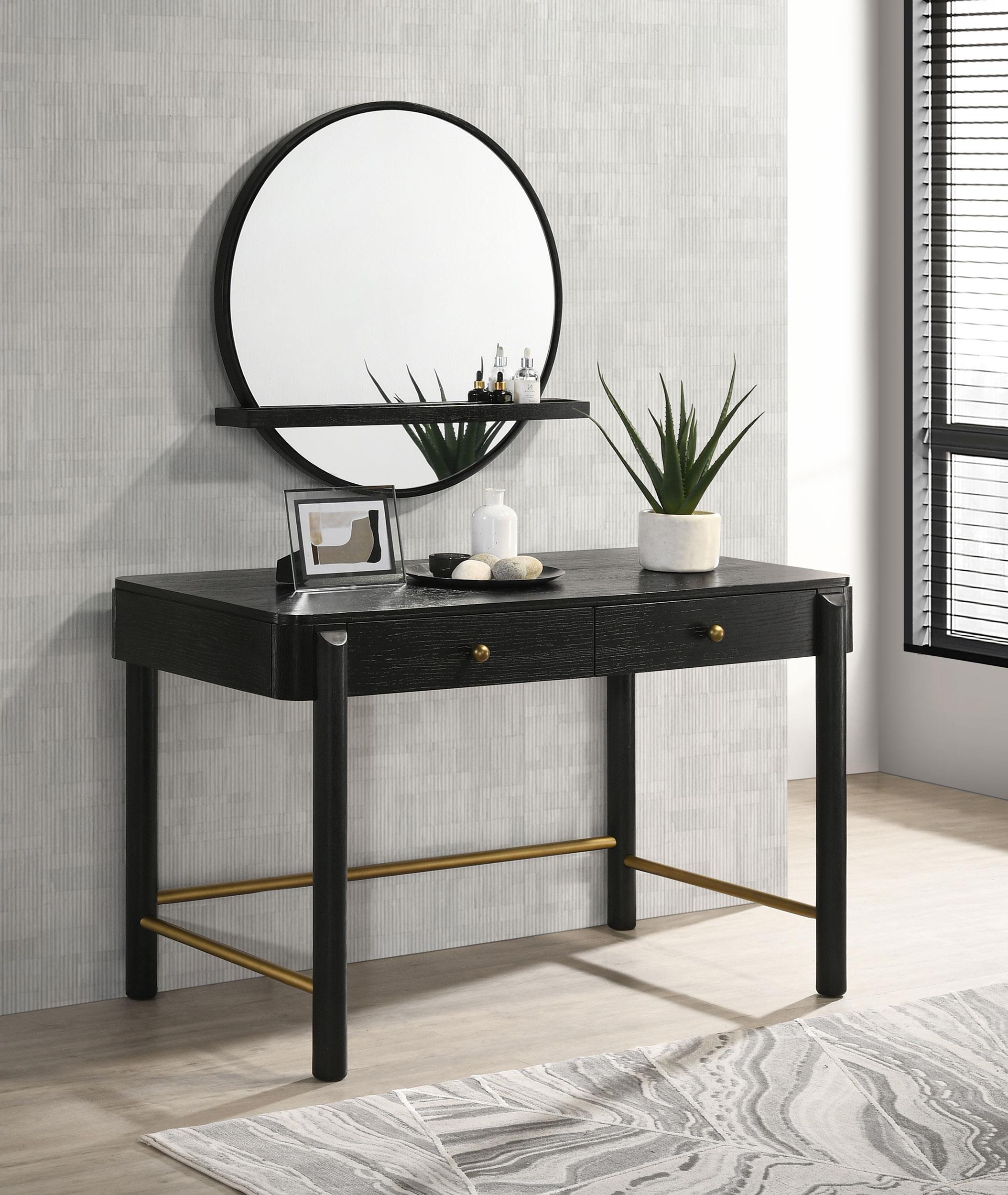 Model: 224338 | Coaster Arini Round Vanity Wall Mirror with Shelf Black