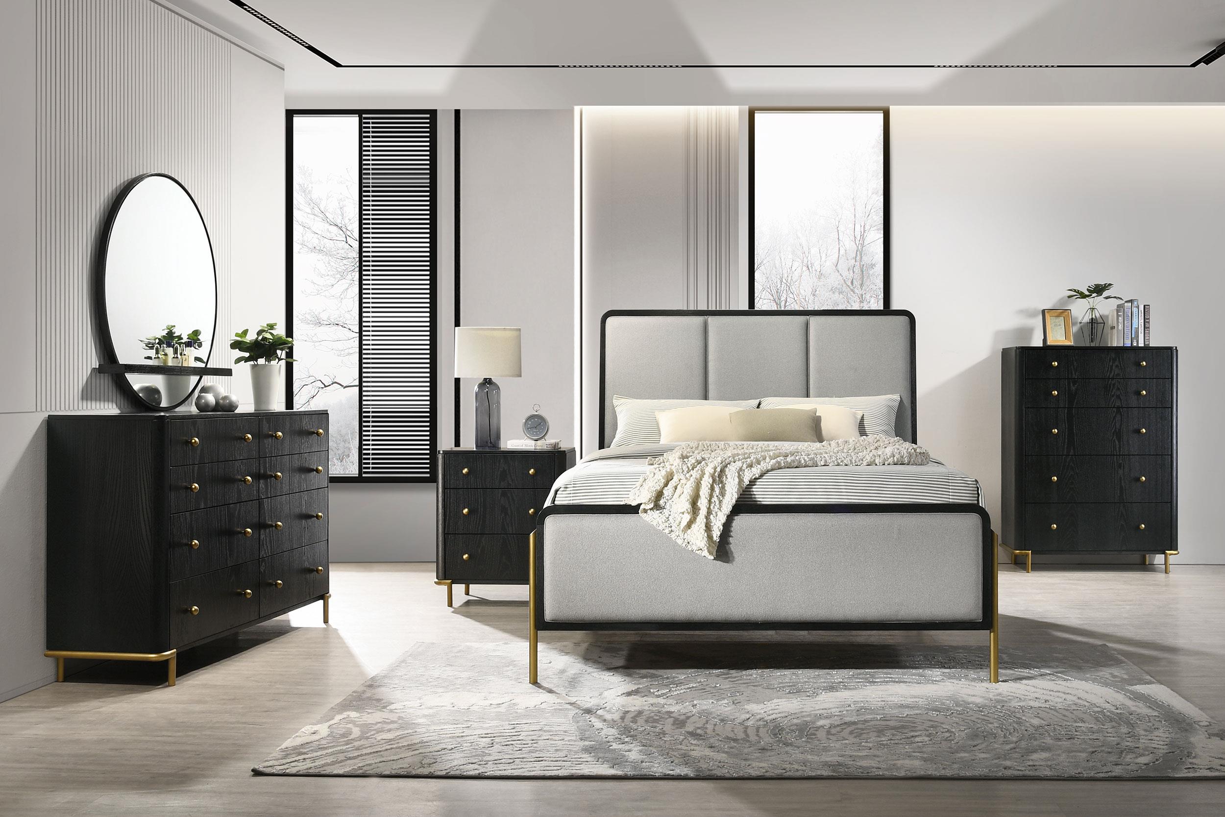 Model: 224331KE | Coaster Arini Upholstered Eastern King Panel Bed Black and Grey