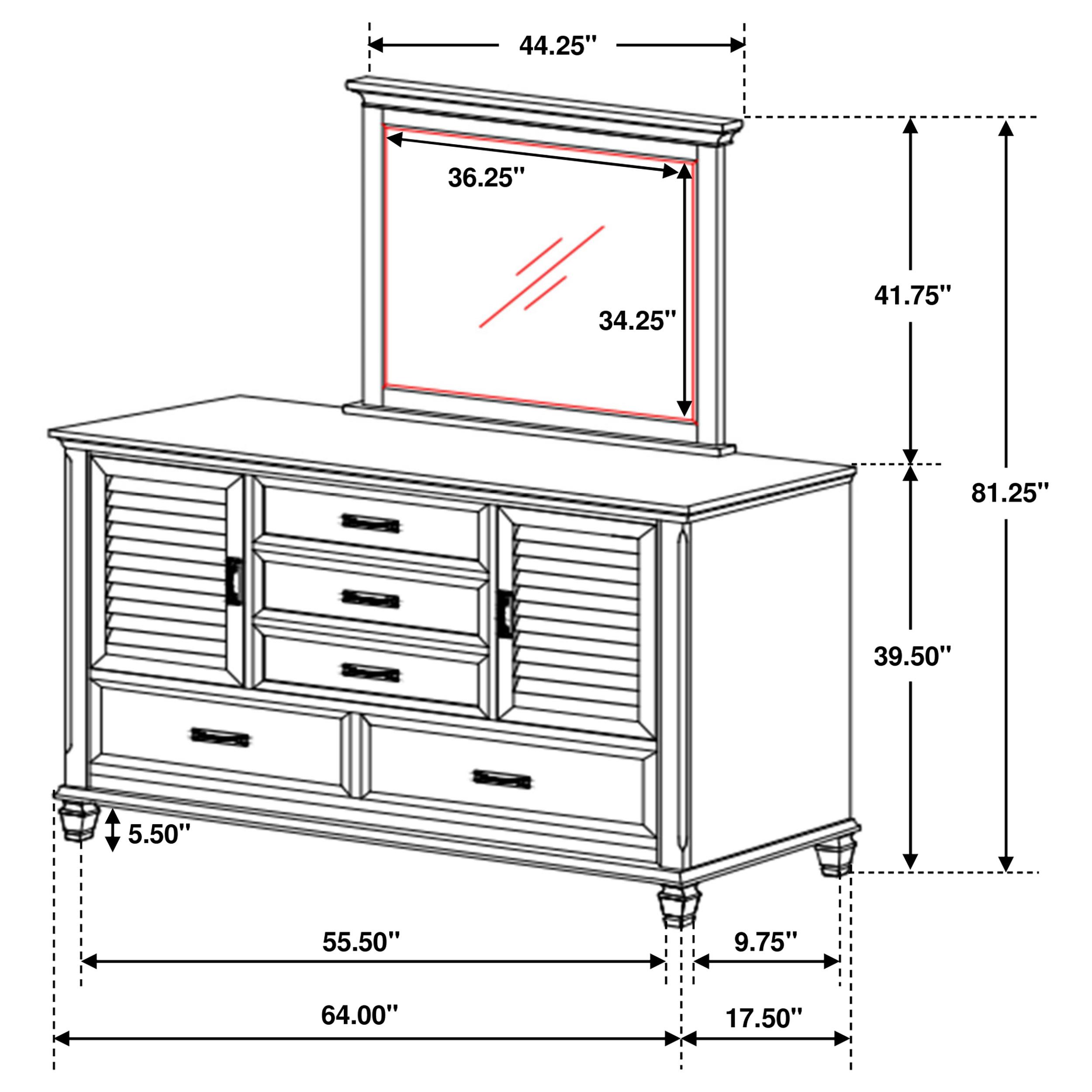 Model: 205333M | Coaster Franco 5-drawer Dresser with Mirror Distressed White