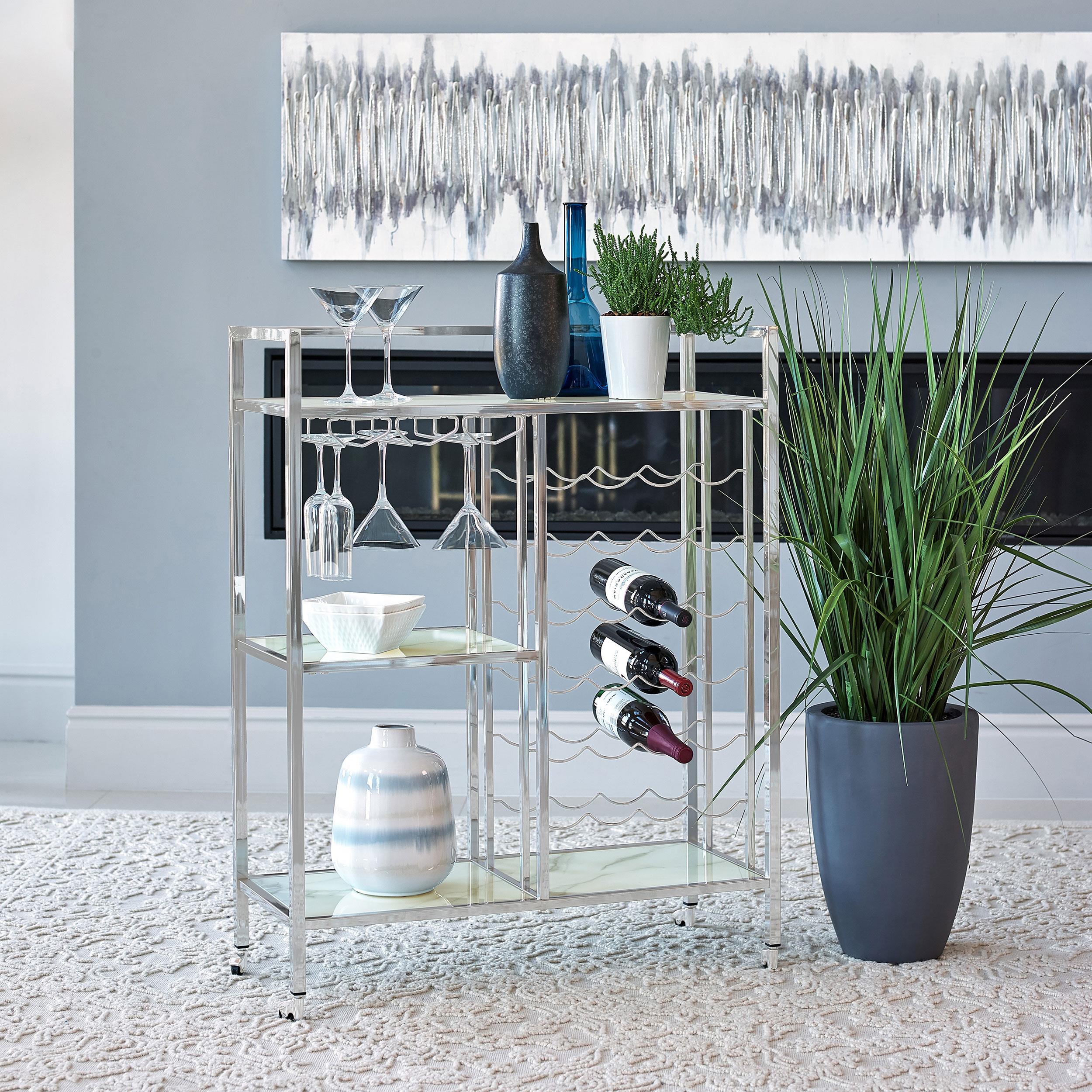 Model: 181370 | Coaster Derion 3-tier Rectangular Glass Shelf Metal Bar Cart Chrome