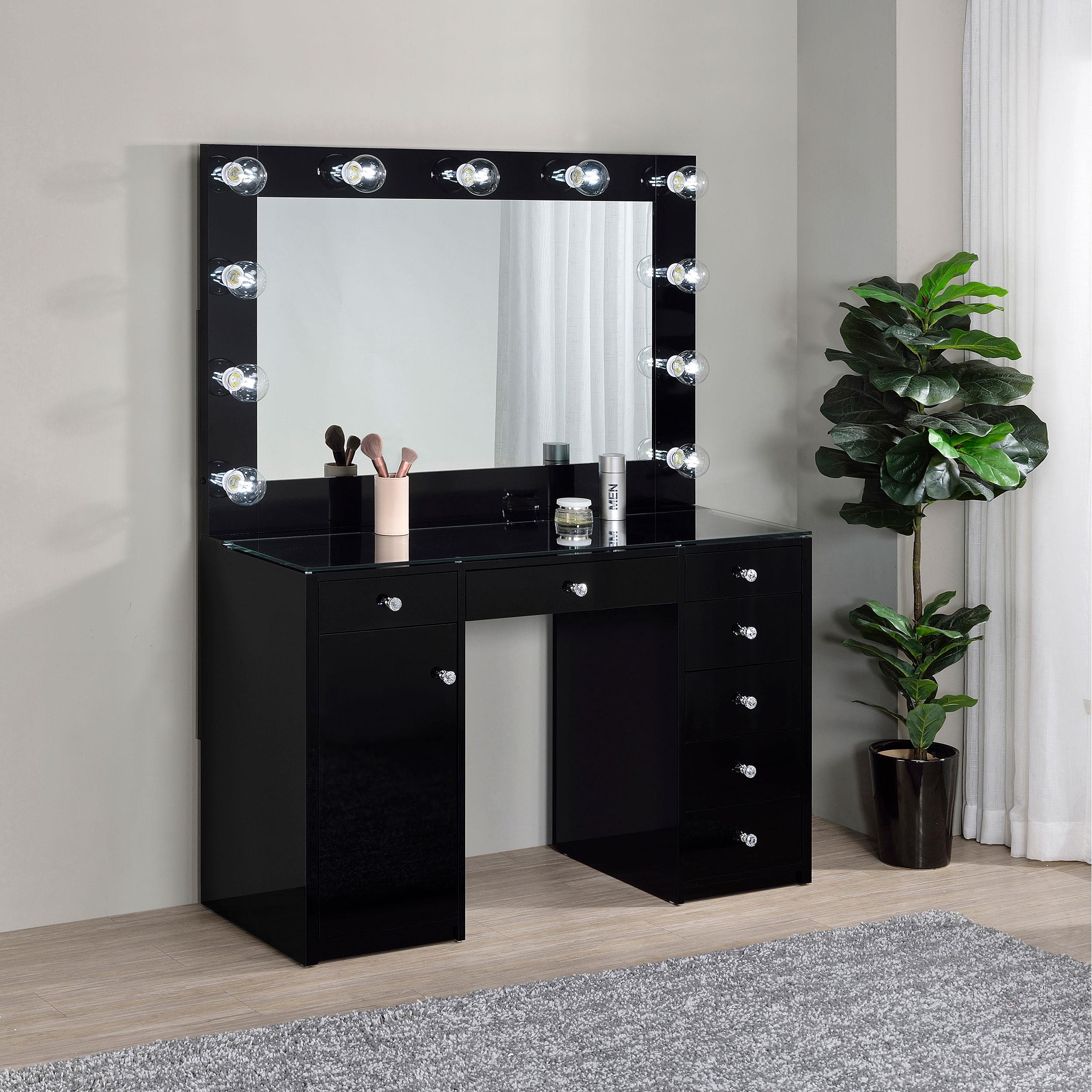Model: 931144 | Coaster Acena 7-drawer Vanity Set with Lighting Black High Gloss