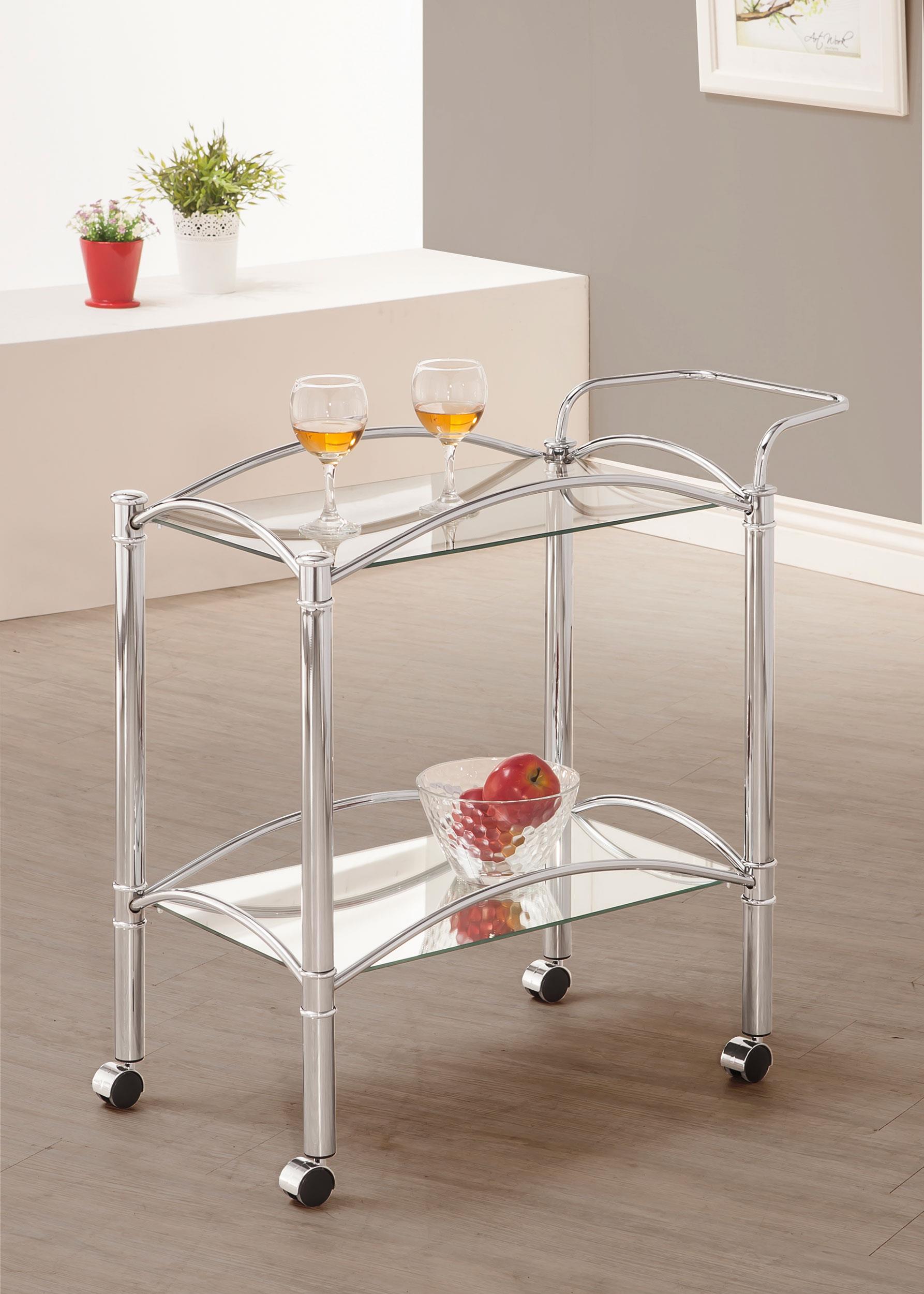 Model: 910077 | Coaster Shadix 2-tier Rectangular Glass Shelf Metal Bar Cart Chrome
