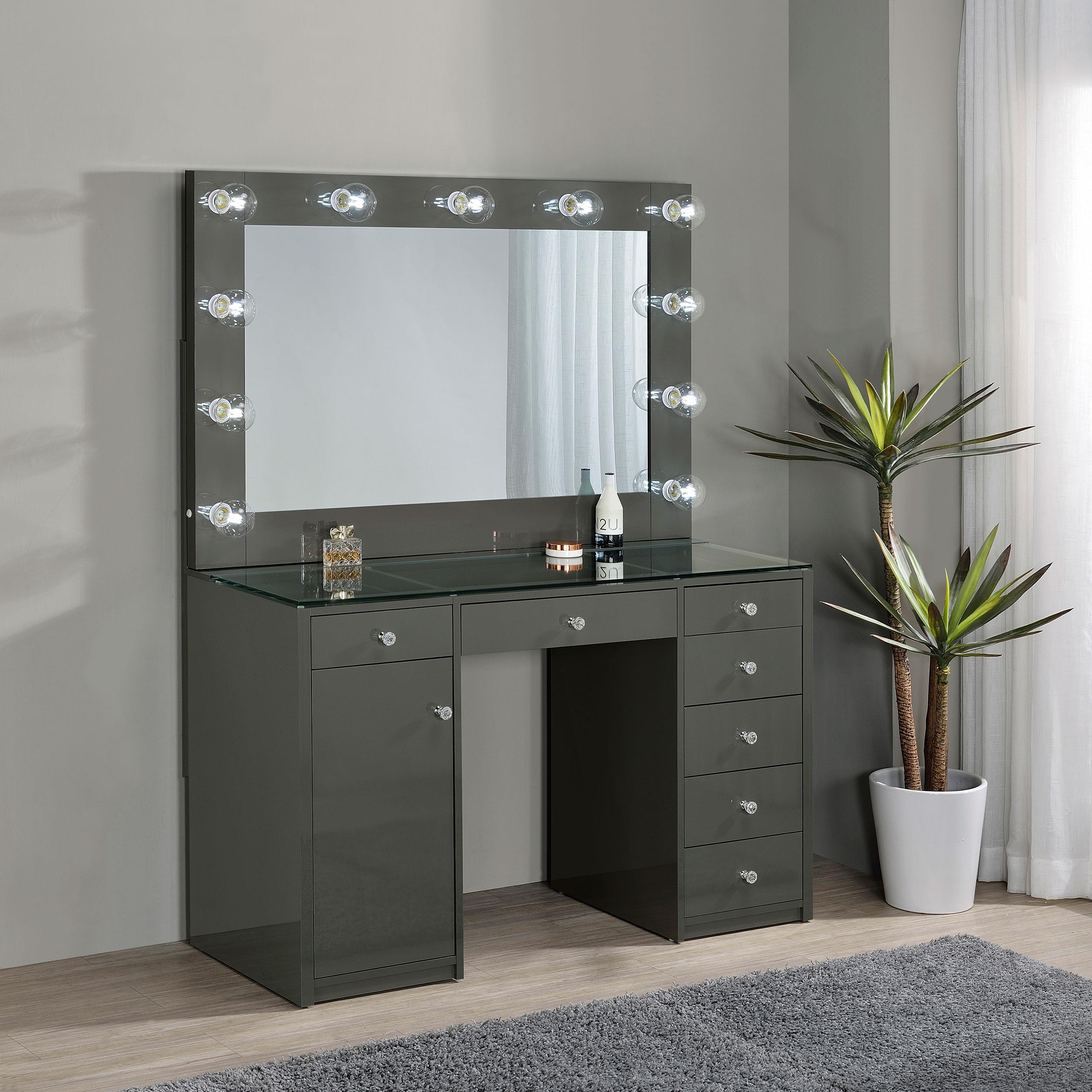 Model: 931145 | Coaster Acena 7-drawer Vanity Set with Lighting Grey High Gloss