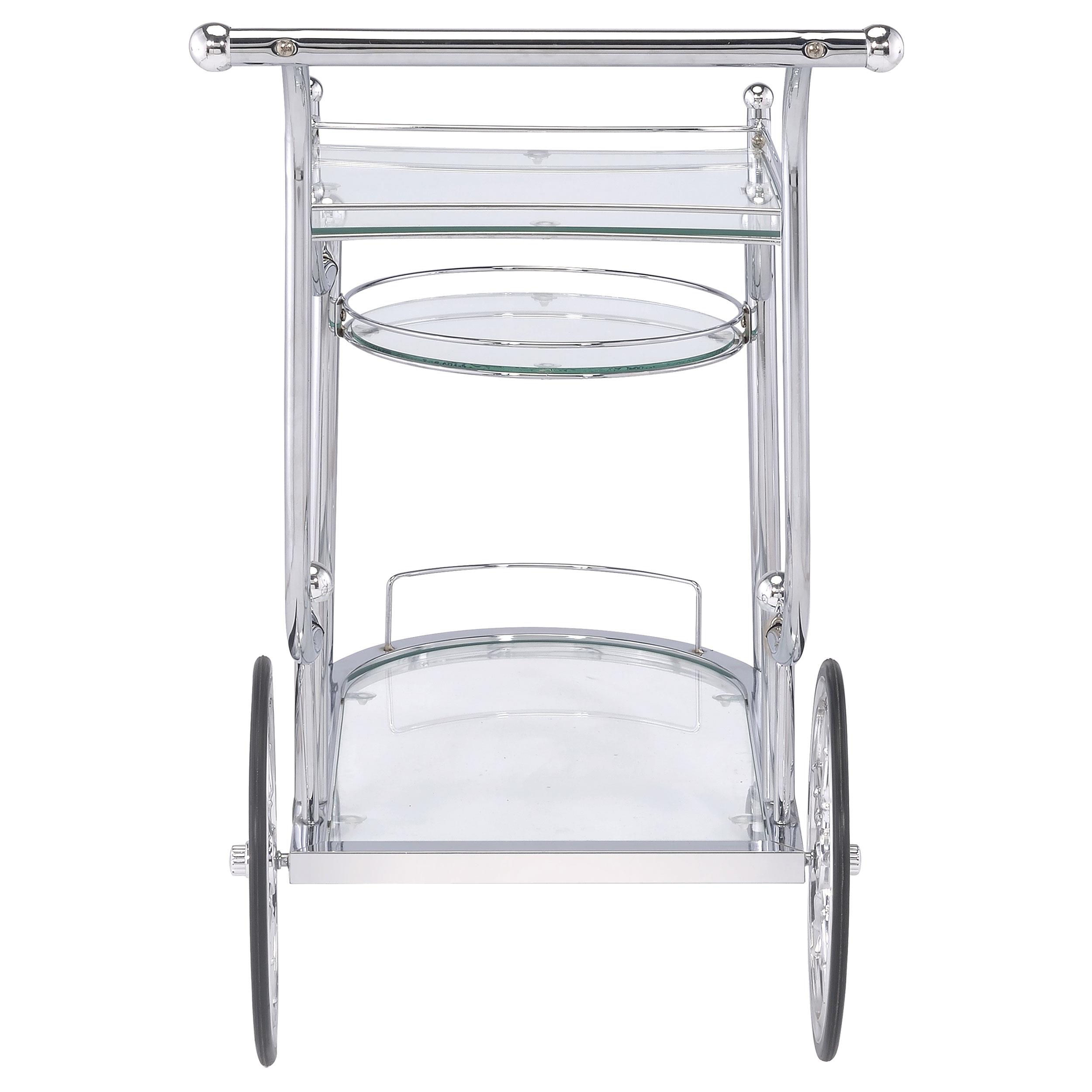 Model: 910076 | Coaster Sarandon 3-tier Glass Shelf Metal Bar Cart Chrome