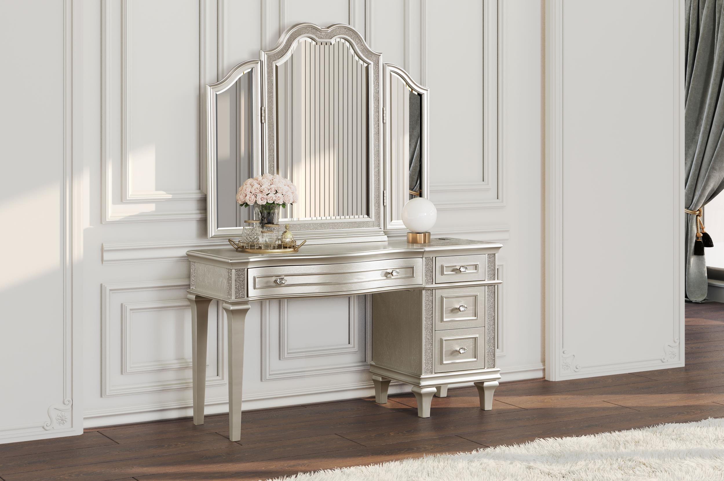 Model: 223397 | Coaster Evangeline 4-drawer Vanity Desk Makeup Table Silver Oak