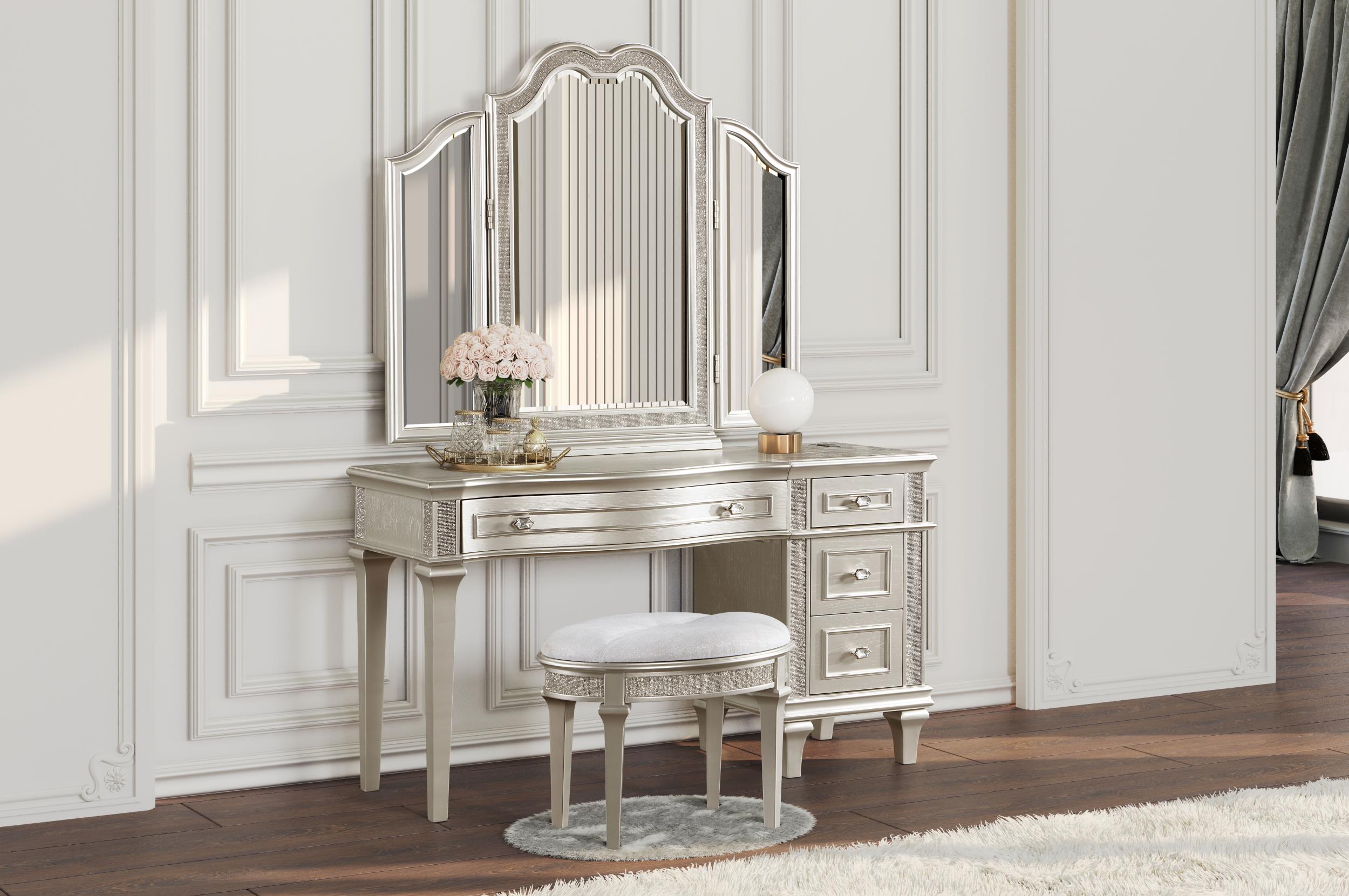 Model: 223397 | Coaster Evangeline 4-drawer Vanity Desk Makeup Table Silver Oak