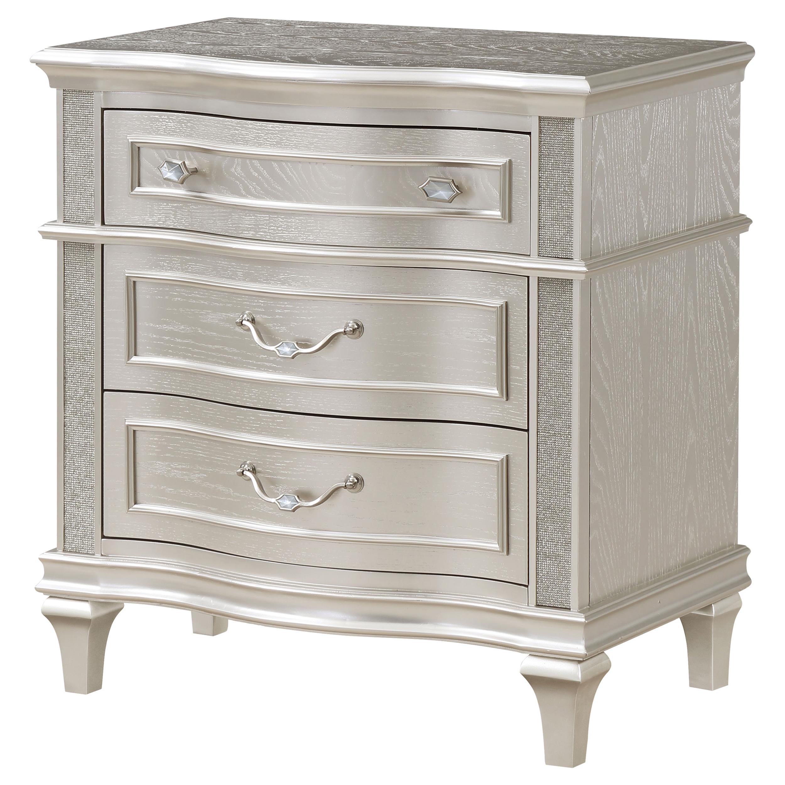 Model: 223392 | Coaster Evangeline 3-drawer Nightstand Silver Oak