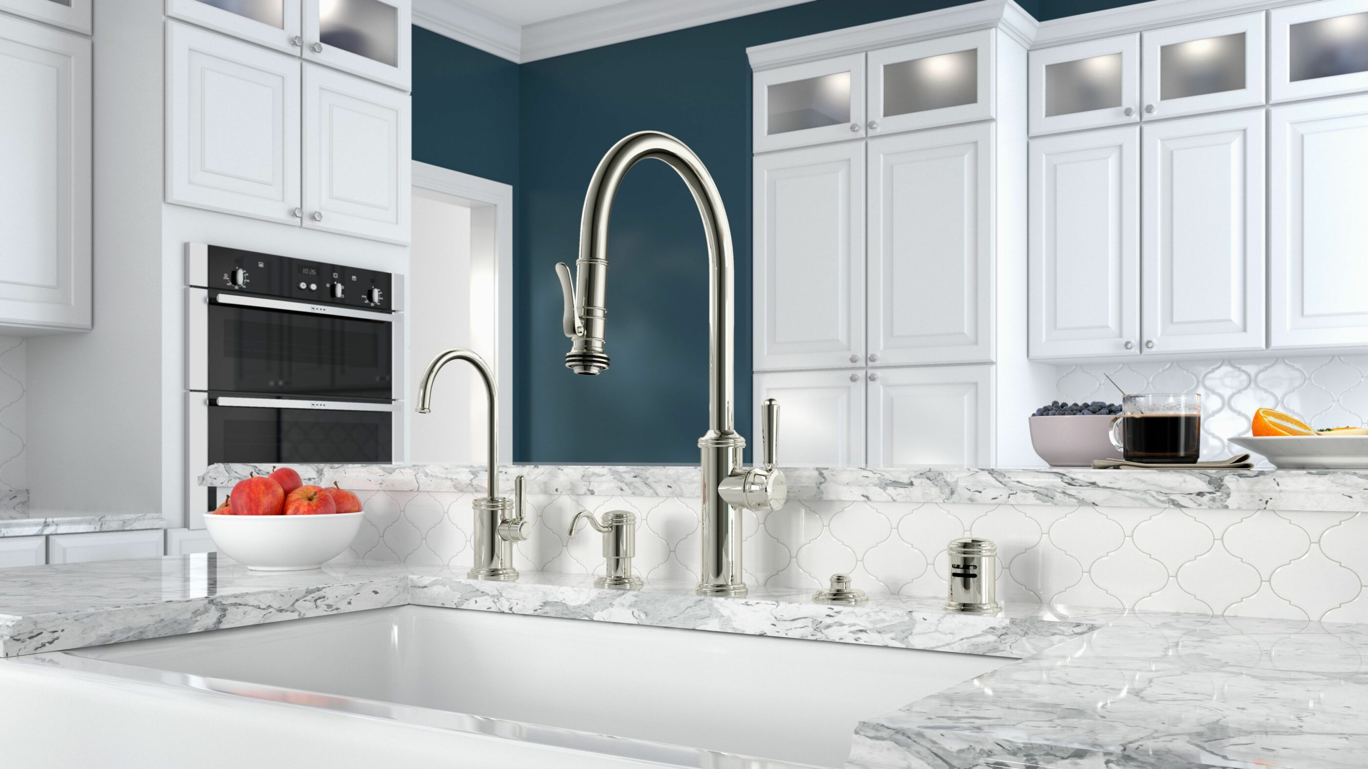 Model: K10-100SQ-33-SN | California Faucets Davoli Pull-Down Kitchen Faucet with Squeeze Sprayer  - High Arc Spout