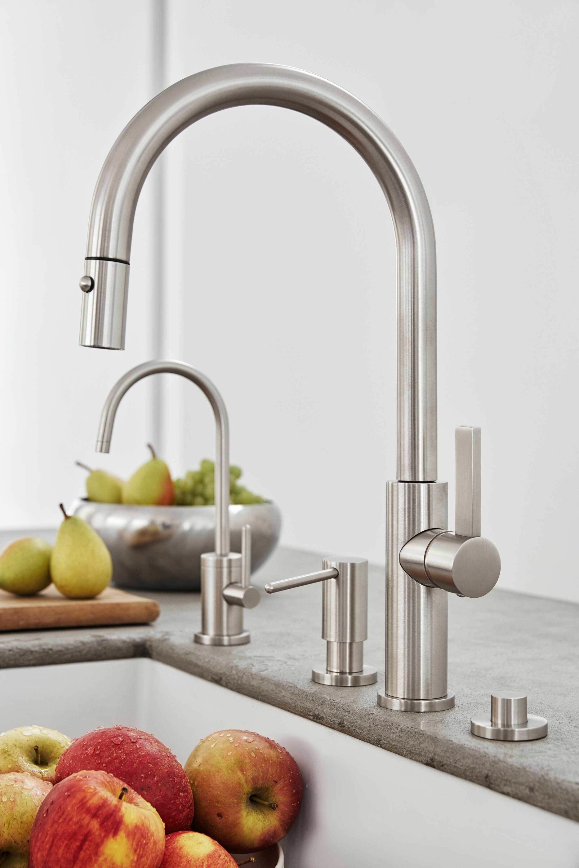 Model: K51-100-FB-SN | California Faucets Corsano Pull-Down Kitchen Faucet with Button Sprayer  - High Arc Spout