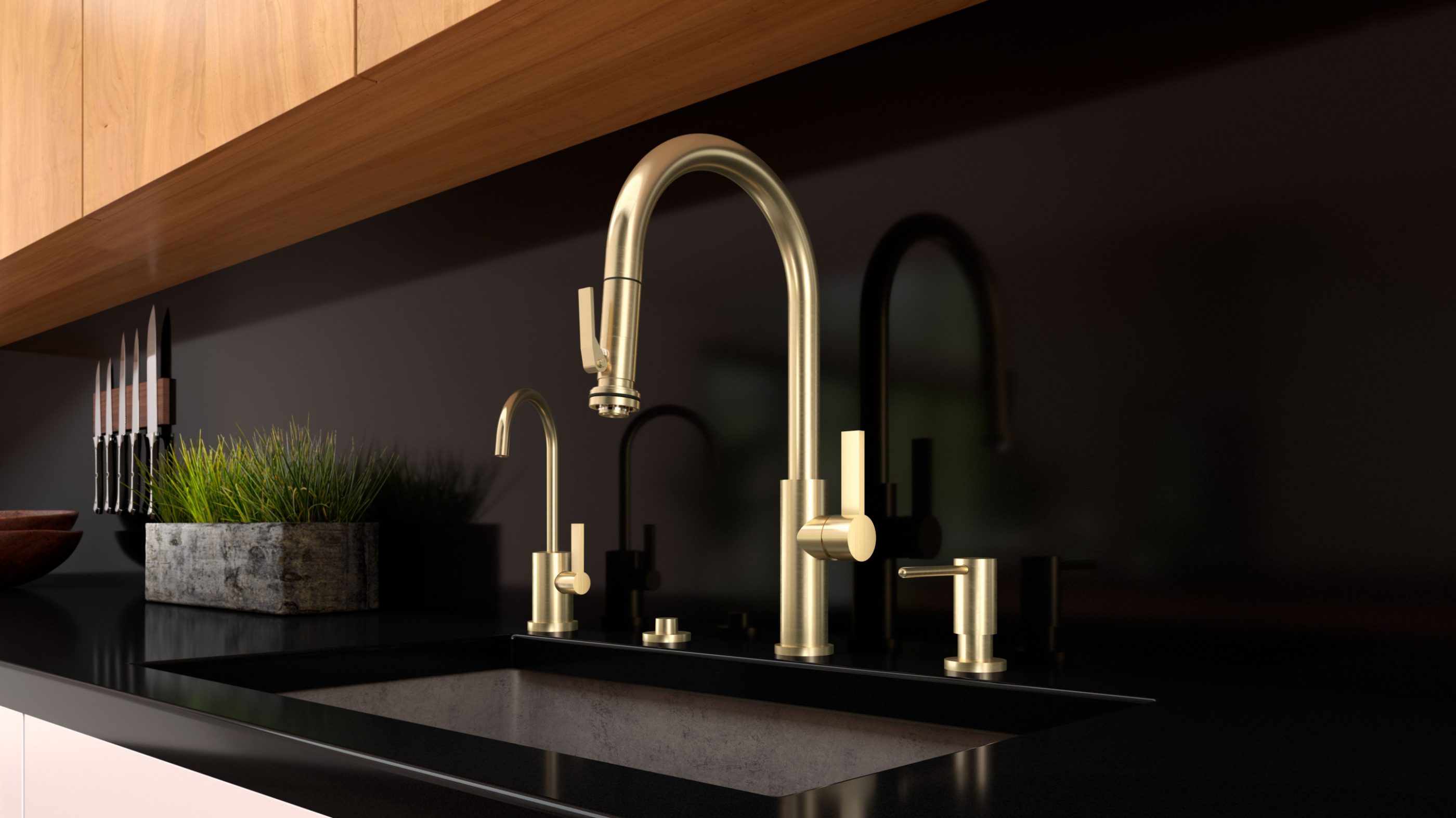 Model: K51-100SQ-FB-SN | California Faucets Corsano Pull-Down Kitchen Faucet with Squeeze Sprayer  - High Arc Spout