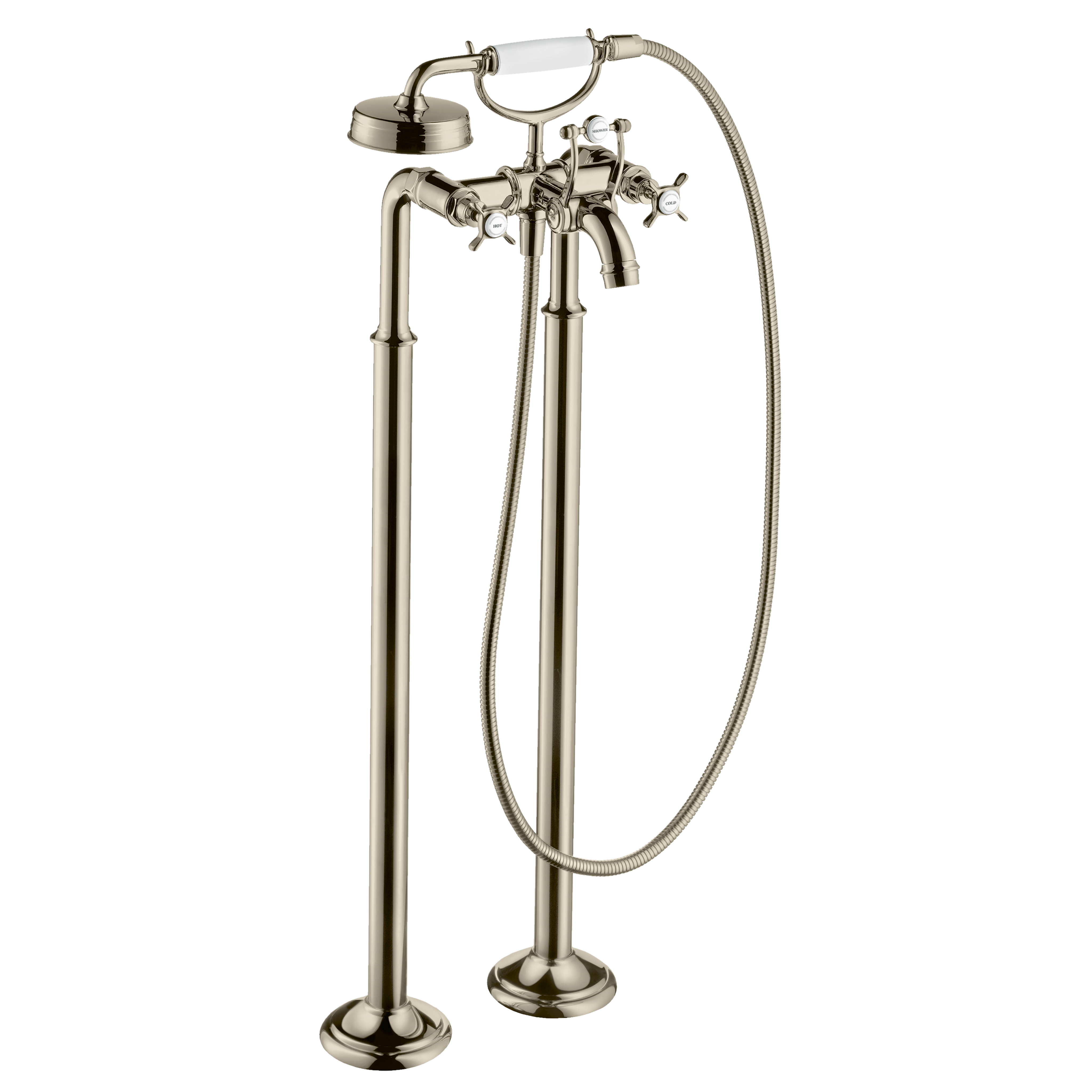 Axor Montreux 2-Handle Freestanding Tub Filler Trim with Cross Handles and 1.8 GPM Handshower in Polished Nickel