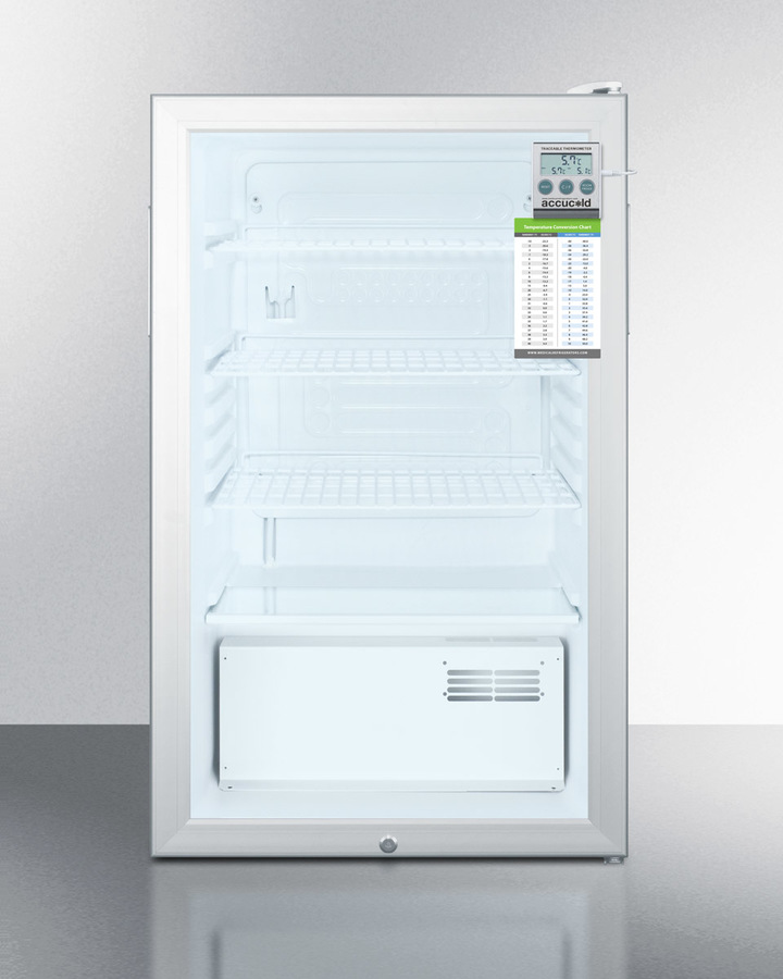 Summit 20' wide commercial glass door refrigerator for freestanding use, auto defrost with a lock, traceable thermometer and internal fan Summit 20' wide commercial glass door refrigerator for freestanding use, auto defrost with a lock, traceable thermometer and internal fan