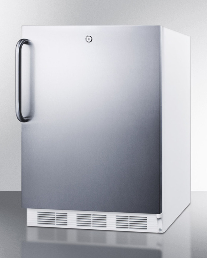 Model: AL750LSSTB | Summit ADA compliant all-refrigerator for freestanding general purpose use, auto defrost w/lock, SS door, towel bar handle, and white cabinet