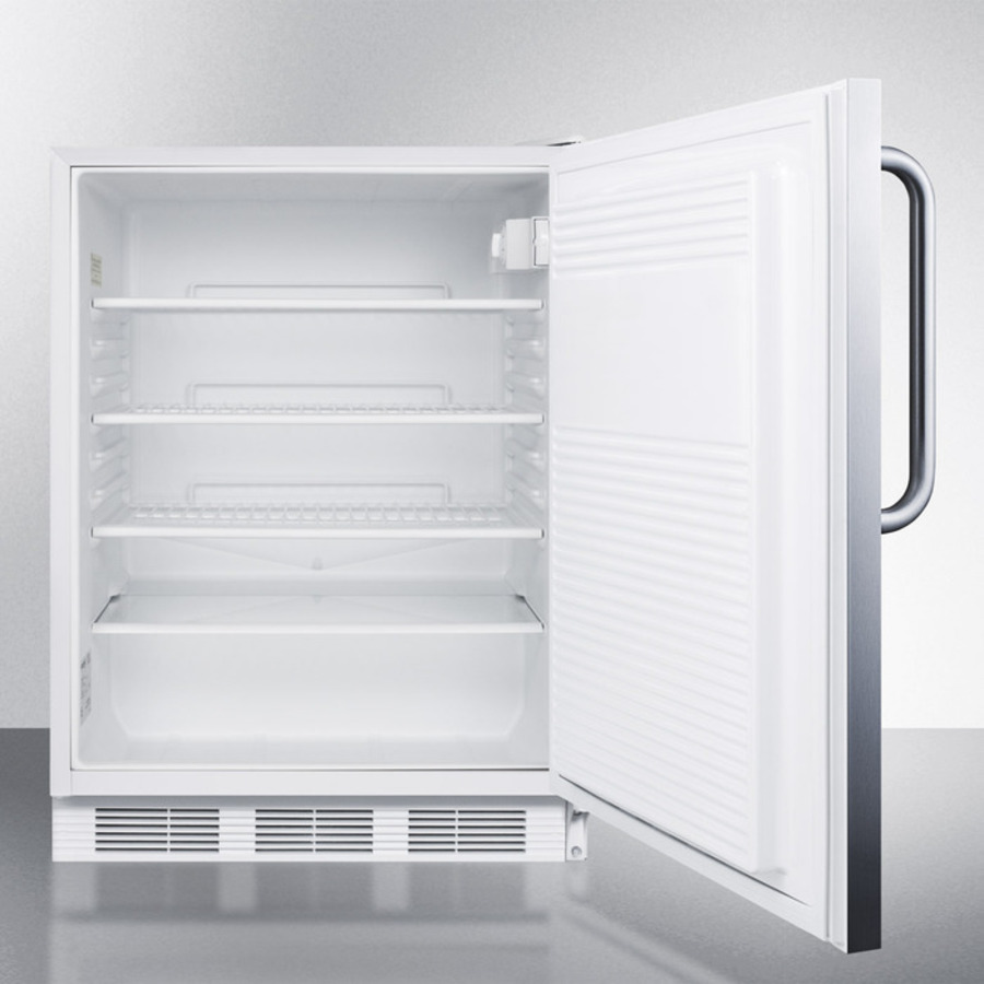 Model: AL750LSSTB | Summit ADA compliant all-refrigerator for freestanding general purpose use, auto defrost w/lock, SS door, towel bar handle, and white cabinet