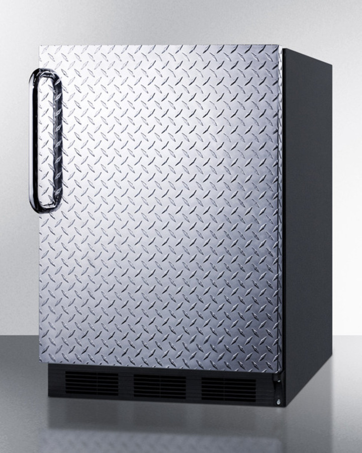 Model: FF6BBIDPLADA | Summit ADA compliant all-refrigerator for built-in general purpose use, auto defrost w/diamond plate wrapped door, towel bar handle, and black cabinet