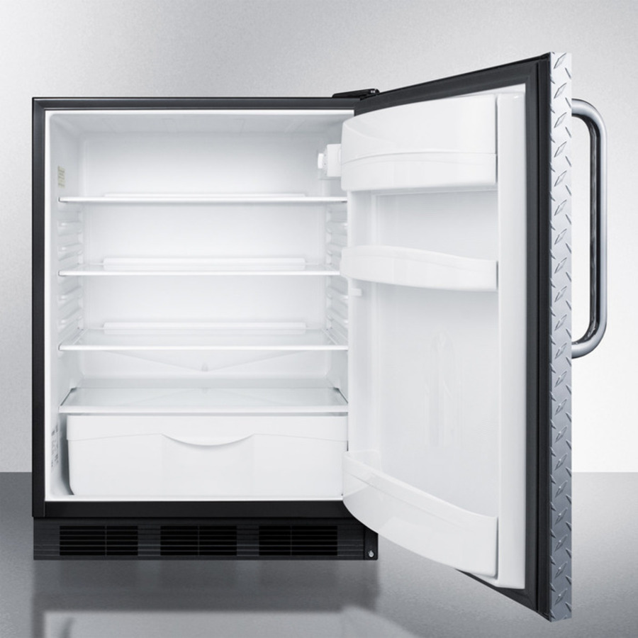 Model: FF6BBIDPLADA | Summit ADA compliant all-refrigerator for built-in general purpose use, auto defrost w/diamond plate wrapped door, towel bar handle, and black cabinet