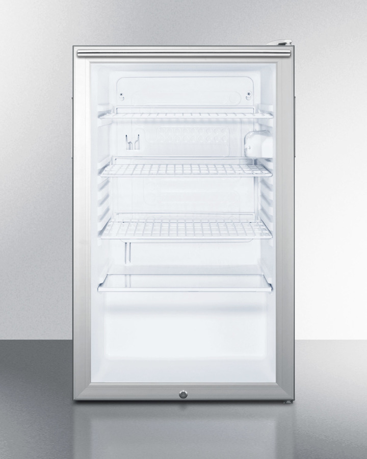 Summit Commercially listed 20' wide glass door all-refrigerator for freestanding use, auto defrost with a lock, white cabinet, and horizontal handle Summit Commercially listed 20' wide glass door all-refrigerator for freestanding use, auto defrost with a lock, white cabinet, and horizontal handle
