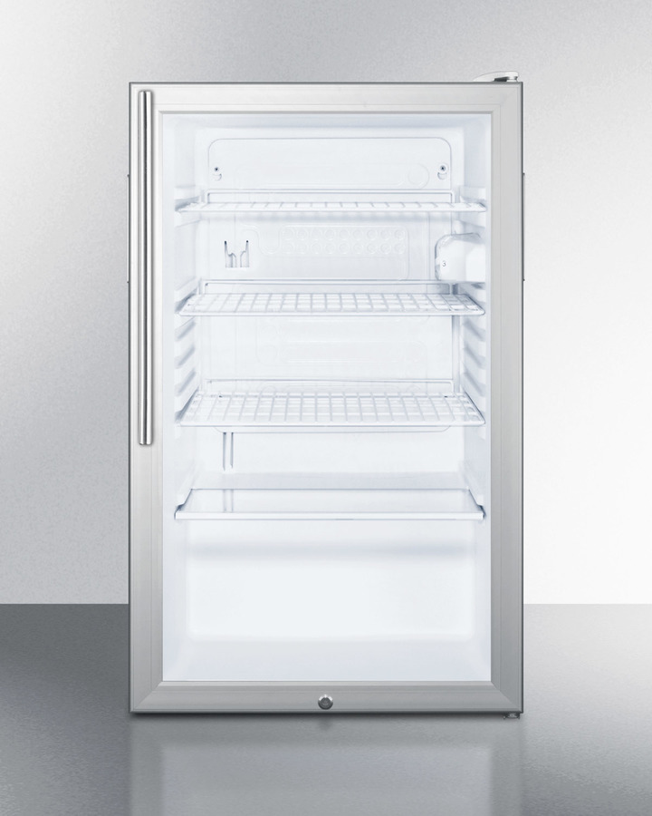 Summit Commercially listed 20' wide glass door all-refrigerator for freestanding use, auto defrost with a lock, white cabinet, and thin handle Summit Commercially listed 20' wide glass door all-refrigerator for freestanding use, auto defrost with a lock, white cabinet, and thin handle