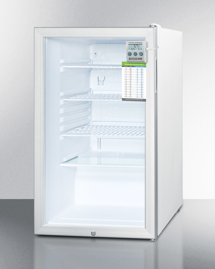 Model: SCR450LPLUS | Summit 20' wide glass door refrigerator for freestanding use, auto defrost with a lock, traceable thermometer and internal fan