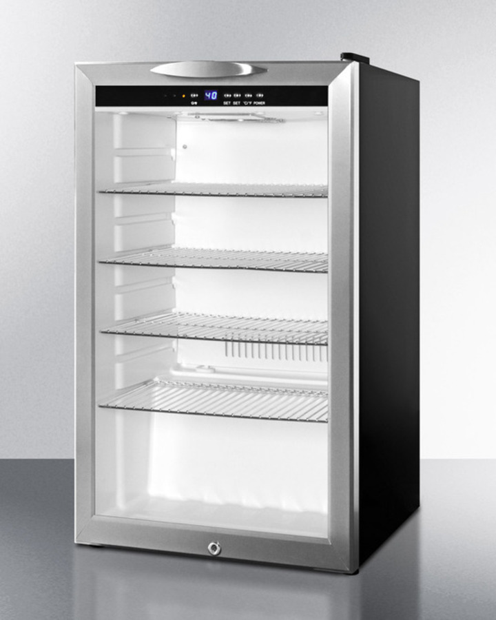 Model: SCR485L | Summit Commercially approved counter height beverage merchandiser with glass door, black cabinet, front lock, and digital thermostat