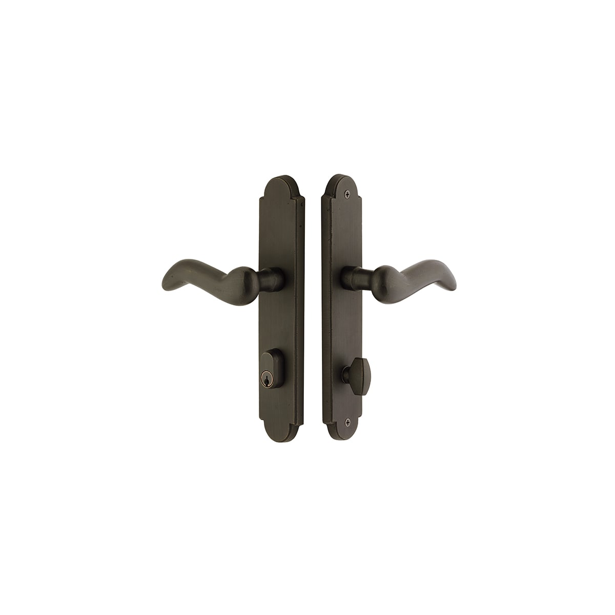 Emtek 10 Inch Stretto Arched Single Cylinder Keyed Sideplate Entry Set from the Sandcast Bronze Collection
