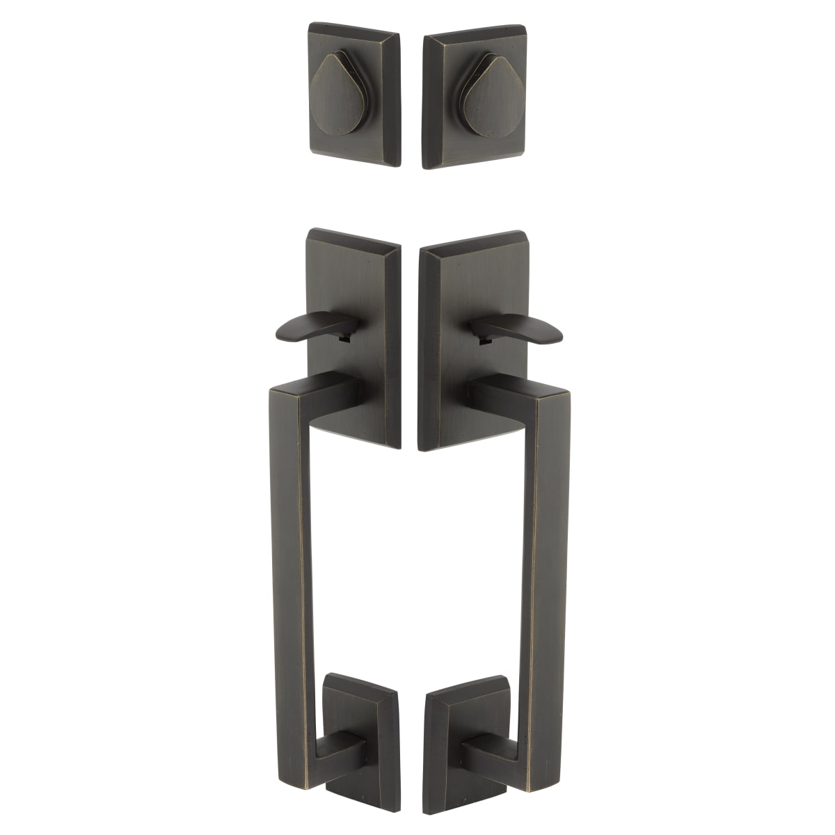 Emtek Rustic Modern Rectangular Sectional Grip by Grip Double Cylinder Keyed Entry Handleset from the Sandcast Bronze Collection