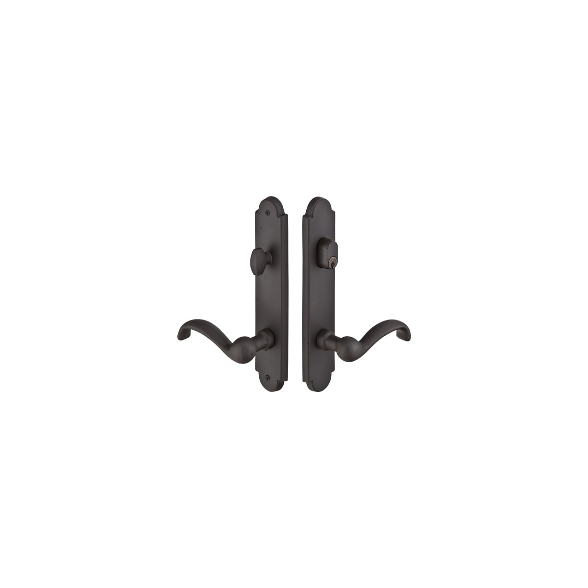 Emtek Sandcast Bronze Door Configuration 3 Keyed Entry Multi Point Narrow Arched Trim Lever Set with American Cylinder Above Handle