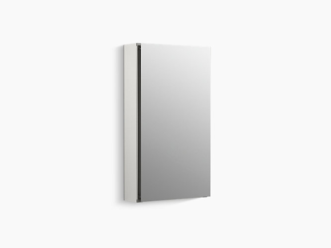 Model: K-11808-CA1 | Kohler 15" W x 26" H aluminum single-door medicine cabinet with mirrored door and white interior