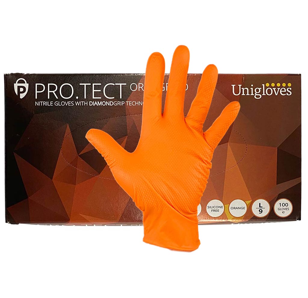 Nitrile gloves large with diamond grip in Orange limited stocks