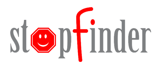 The logo displays the word 'stopfinder' with a red stop sign featuring a smiley face replacing the 'o'.