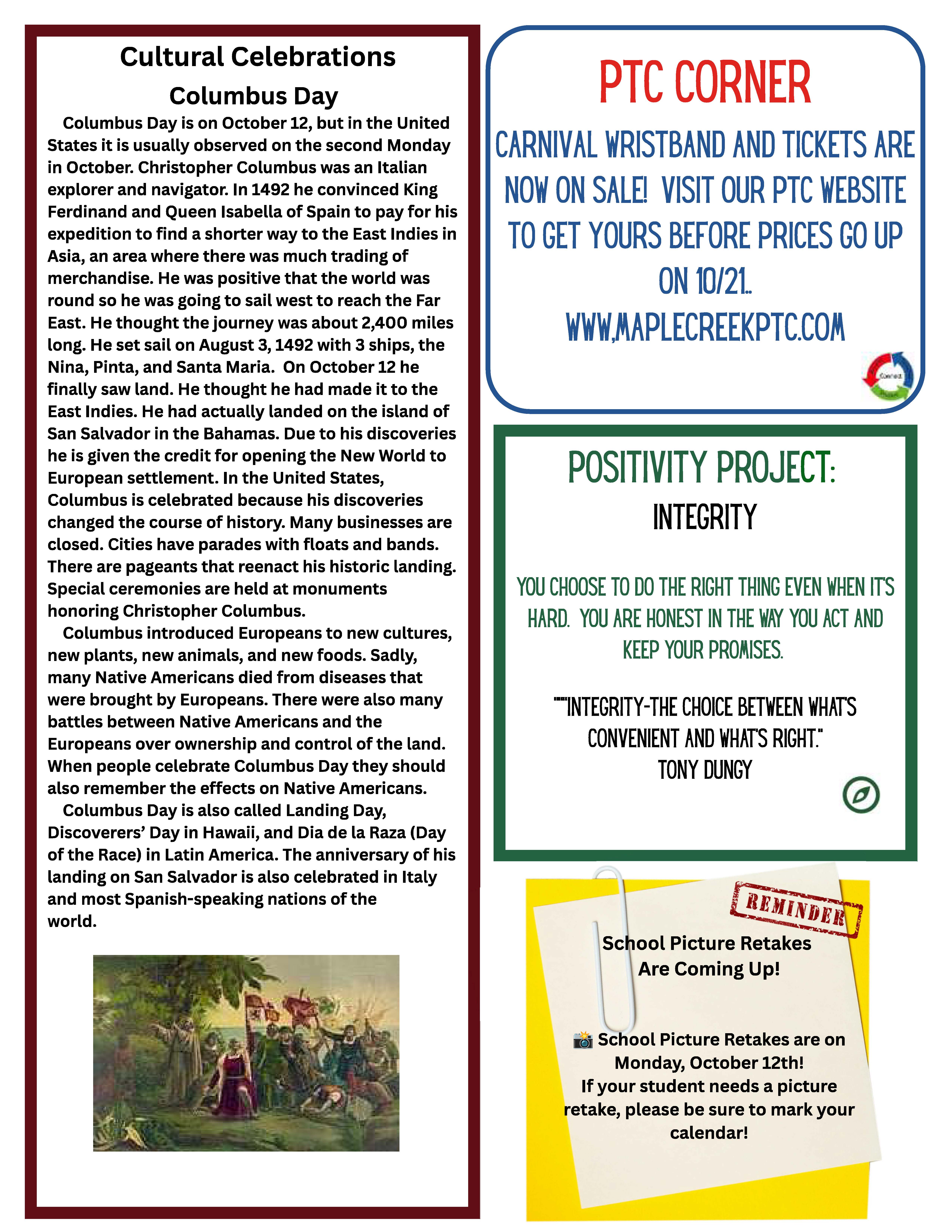 A newsletter page featuring sections on Columbus Day history, a PTC corner announcement, a positivity project focus on integrity, and a reminder for school picture retakes.